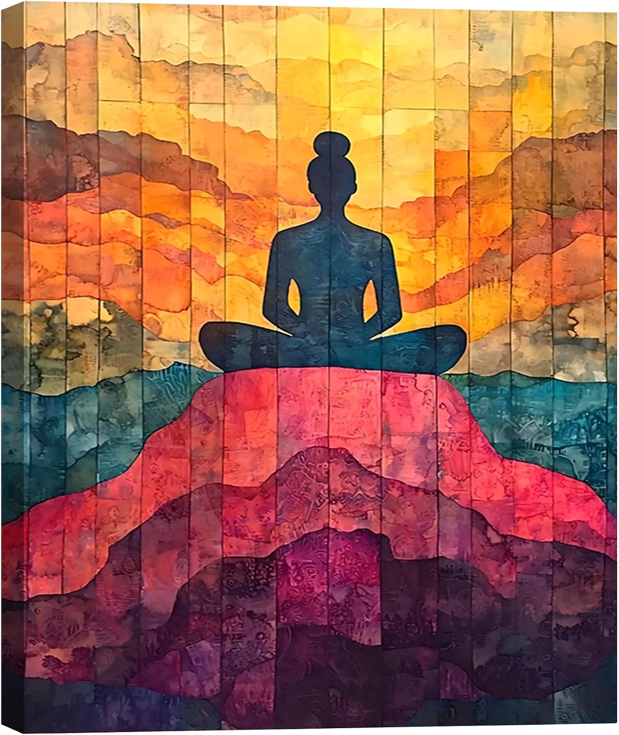 Framed Abstract Wood Slice Zen Canvas Wall Art, Sunset Scenery Yoga Pose Canvas Prints Pictures, cheerful wall decor for Dorm Fitness Room, colorful wellness wall decor