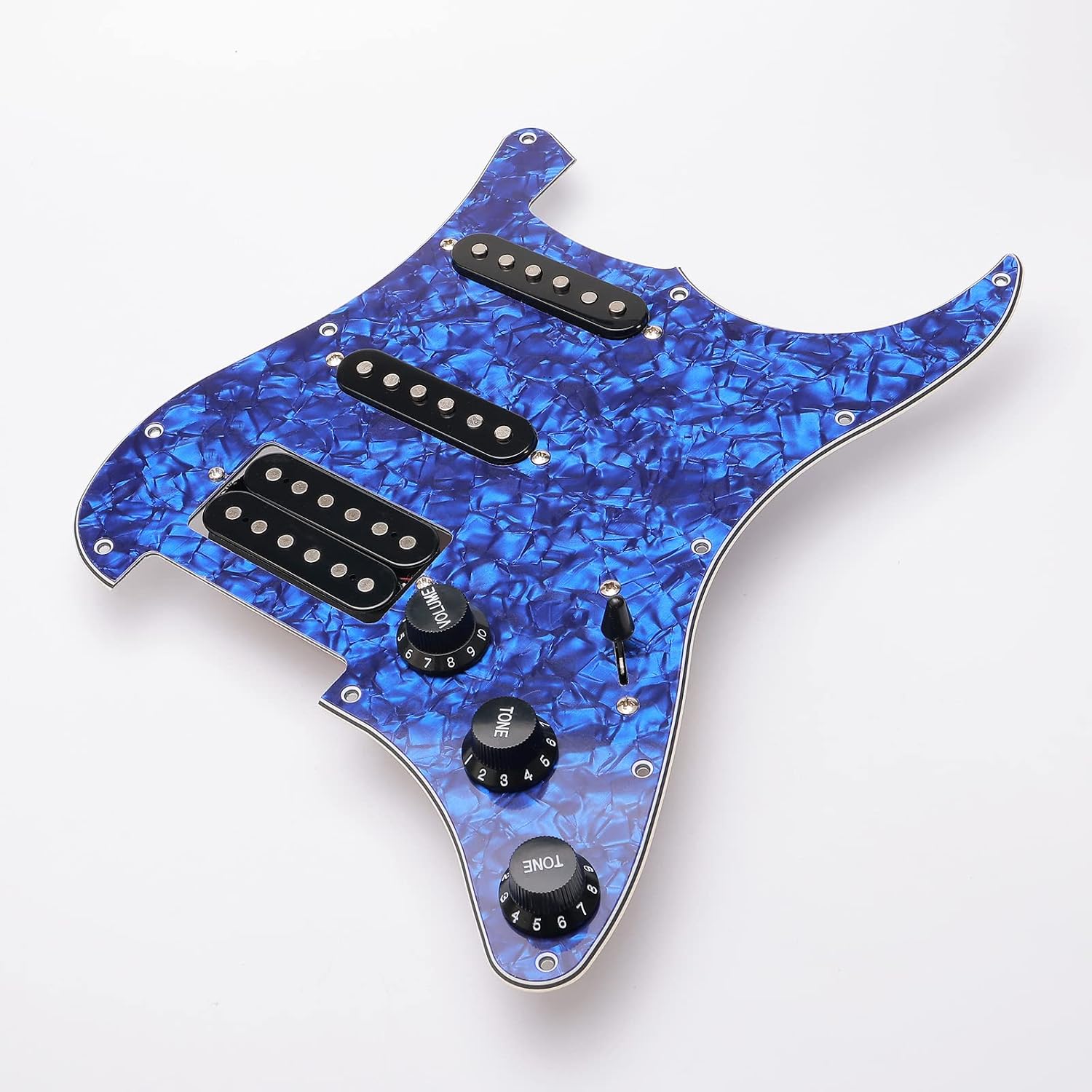 11 Hole Loaded Guitar Pickguard SSH with Black Pickup Humbucker Prewired Scratch Plate Set for Fender Stratorcast, 4 Ply Blue Pearl,with Guitar Strings and Installation Tool