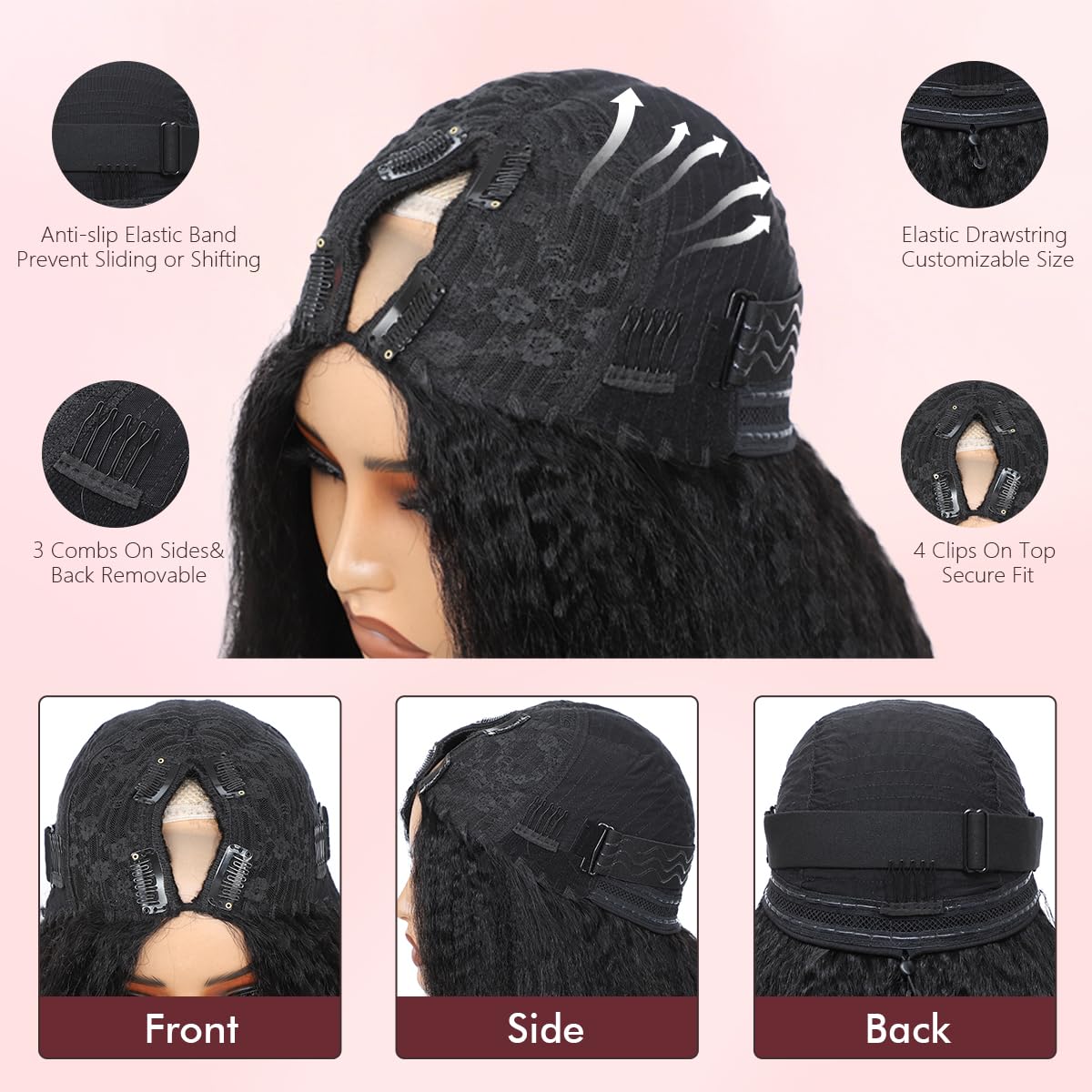 V Part Wig Human Hair Kinky Straight Human Hair Wig Upgrade Glueless U Part Human Hair Wig with Drawstring Half Wigs for Women No Leave Out No Sew In 200% Density Natural Black Color 20 Inch