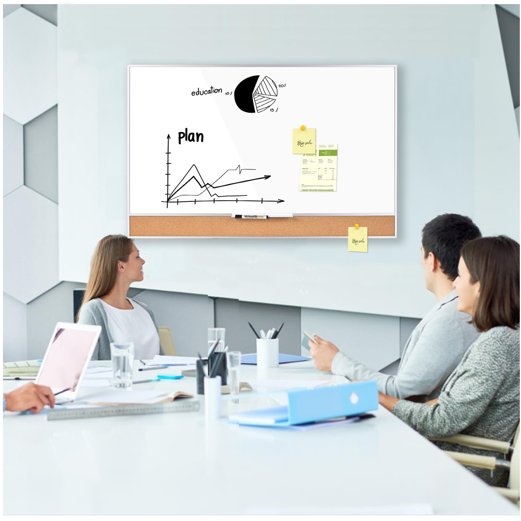 Pizarra blanca de borrado en seco con tablero de corcho para montaje en pared, 24 x 36 pulgadas, marco de aluminio plateado, pizarra blanca magnética de borrado en seco 2-1. MAR6090-LK-WH +