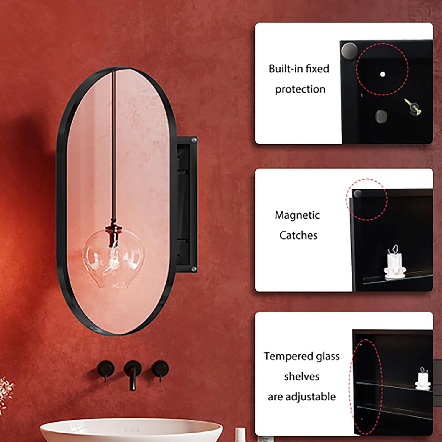 QMIT Oval Medicine Cabinet Mirror for Bathroom, Recessed Metal Framed Vanity Mirror with Storage, Wall Mount Medicine Cabinet with Adjustable Shelves, 20x34 Inch (Black Oval)