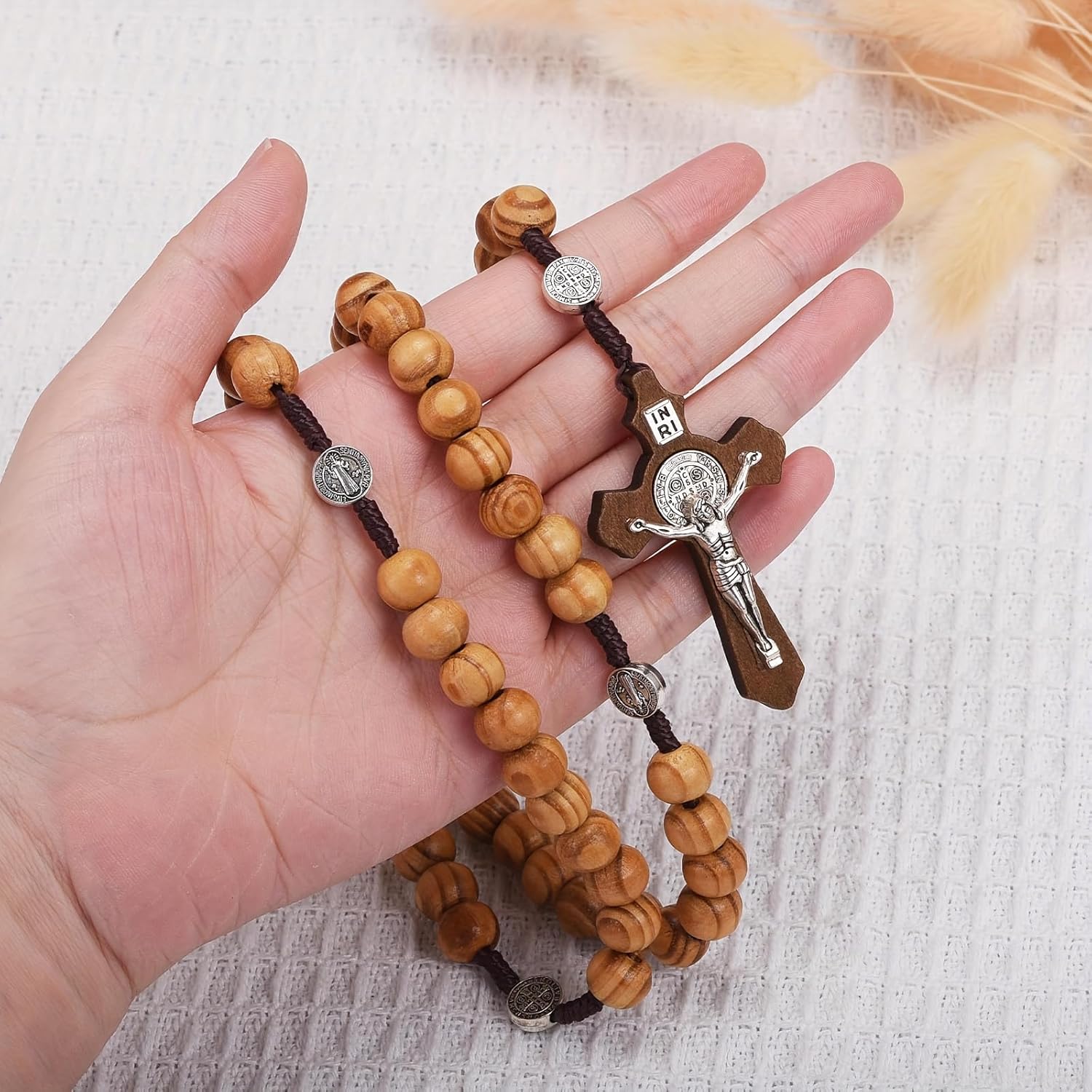 YI Boutique Crucifix Wall Cross, Handmade Catholic Crosses, 8 Inch, with Wooden Rosary, Wall crucifixes, Wood Crucifix for Wall, Jesus Christian Wall Hanging Cross - Image 6