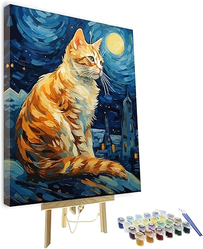TUMOVO Pintura por números para principiantes adultos, gatos abstractos y cielo estrellado kits de pintura por números, kit de pintura al óleo de