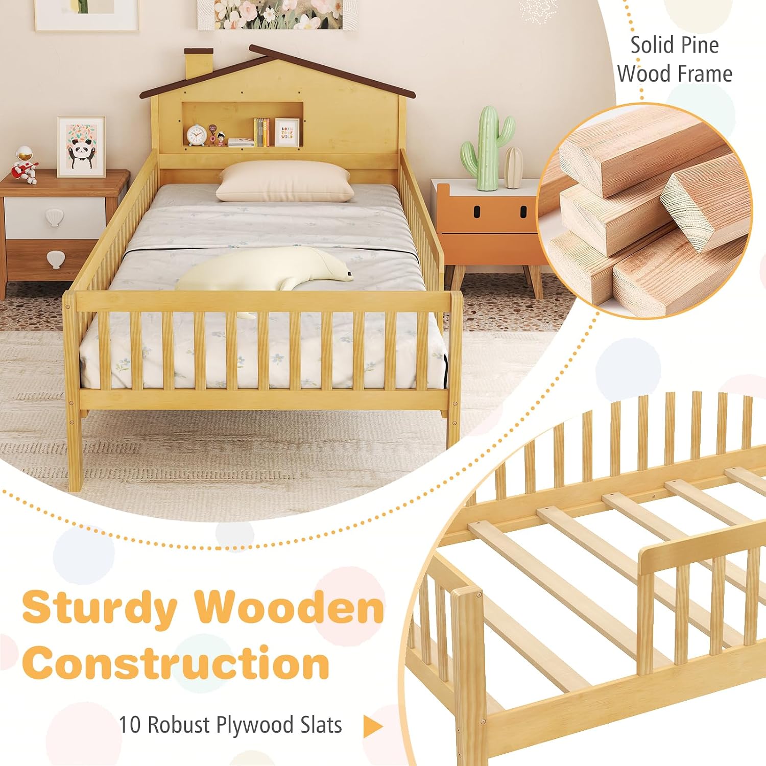 Giantex Twin Kids Bed Frame, Solid Wood Montessori Bed with Guardrails & House-Shaped Headboard, Built-in Storage Shelf, No Box Spring Needed, for Boys Girls, White