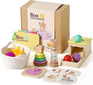 Montessori Toys for Babies 6-9 Months, 7-in-1 Wooden Playful Learning Toys with Rainmaker, Multi Sensory Ball, Object Performance Box, Stacking & Nesting Rings, Mirro Knob Puzzle and More