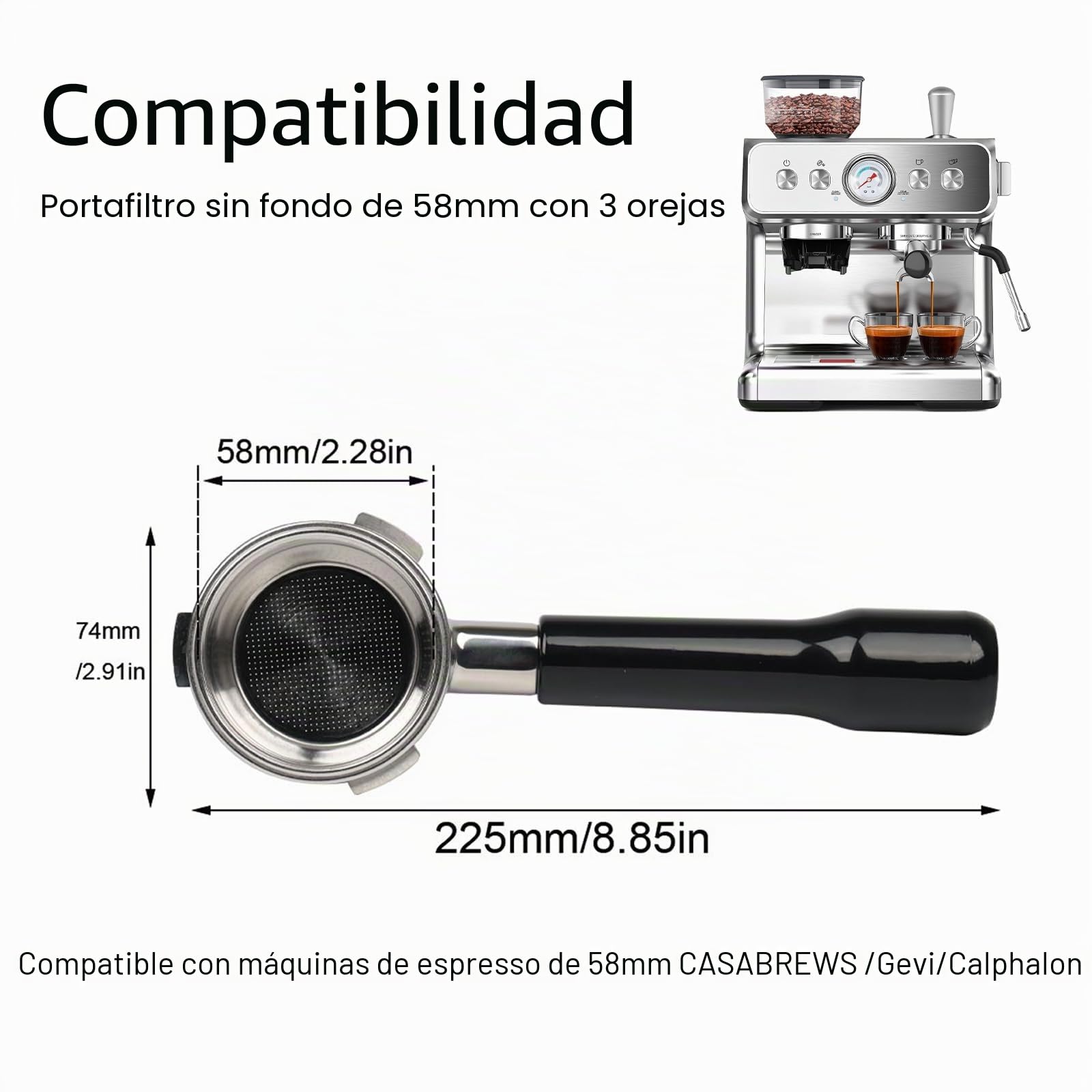 Portafiltro sin fondo de 58 mm con 3 orejas para cafeteras espresso Calphalon Temp IQ, color negro
