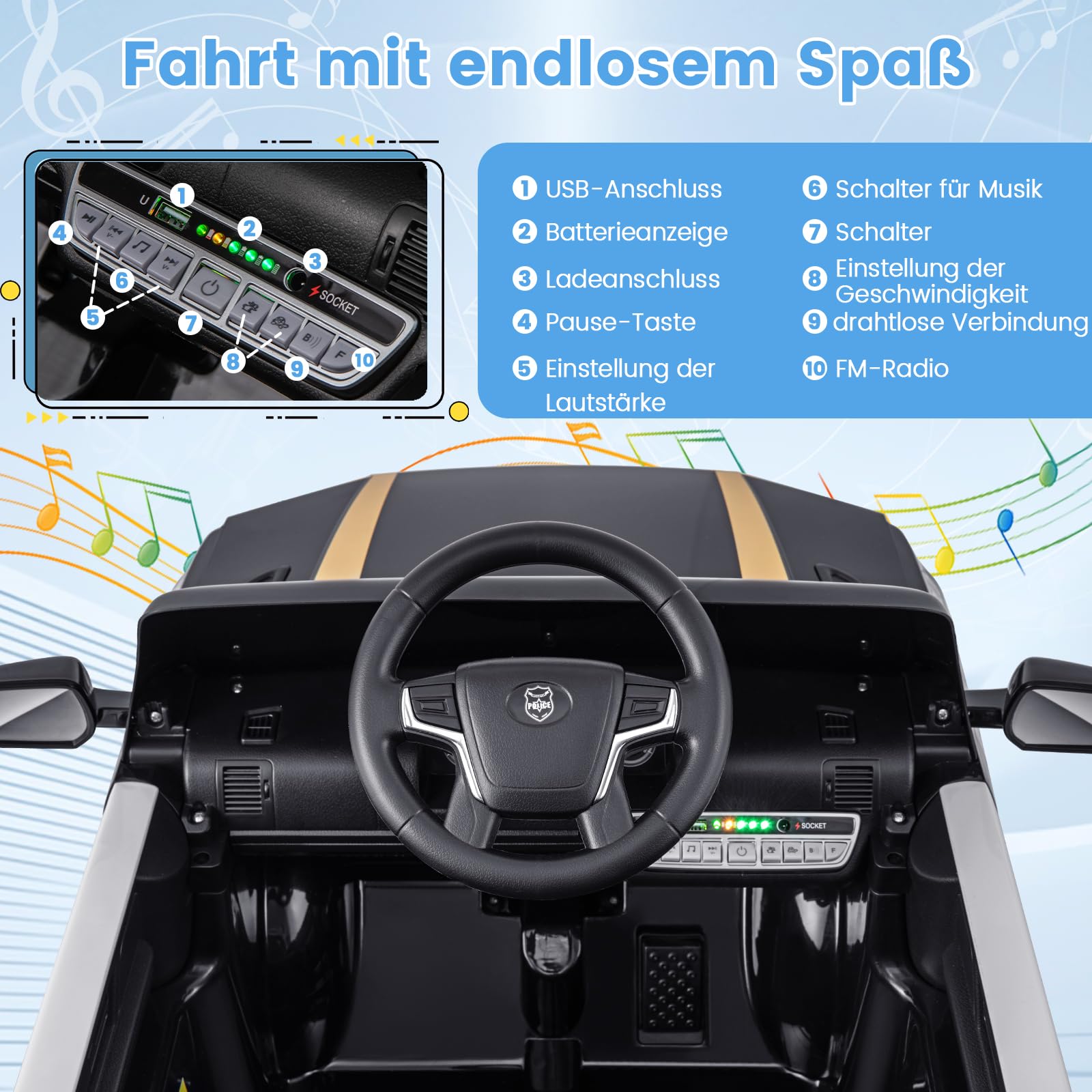 COSTWAY Elektryczny samochód policyjny 12 V, elektryczny samochód dziecięcy z pilotem zdalnego sterowania, bezprzewodowym połączeniem, muzyką, klaksonem, syreną i światłem ostrzegawczym, elektryczny