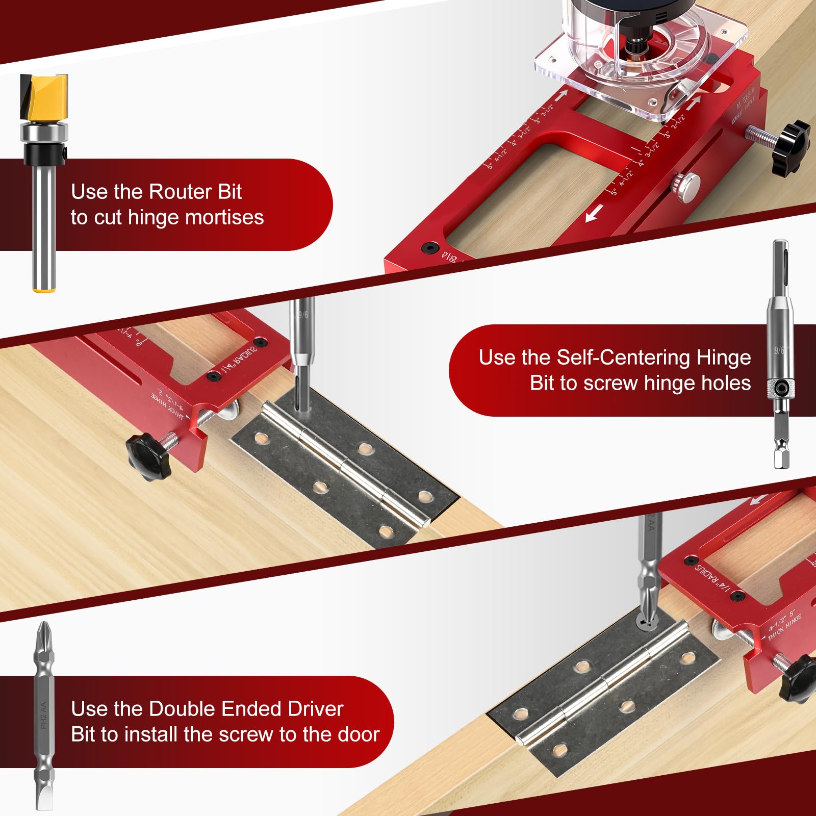 Idong Jig per cerniera per router, kit per cerniera regolabile per porte e armadi, modello router in lega di alluminio con posizionatore, strumento di installazione cerniere per lunghezza e spessori