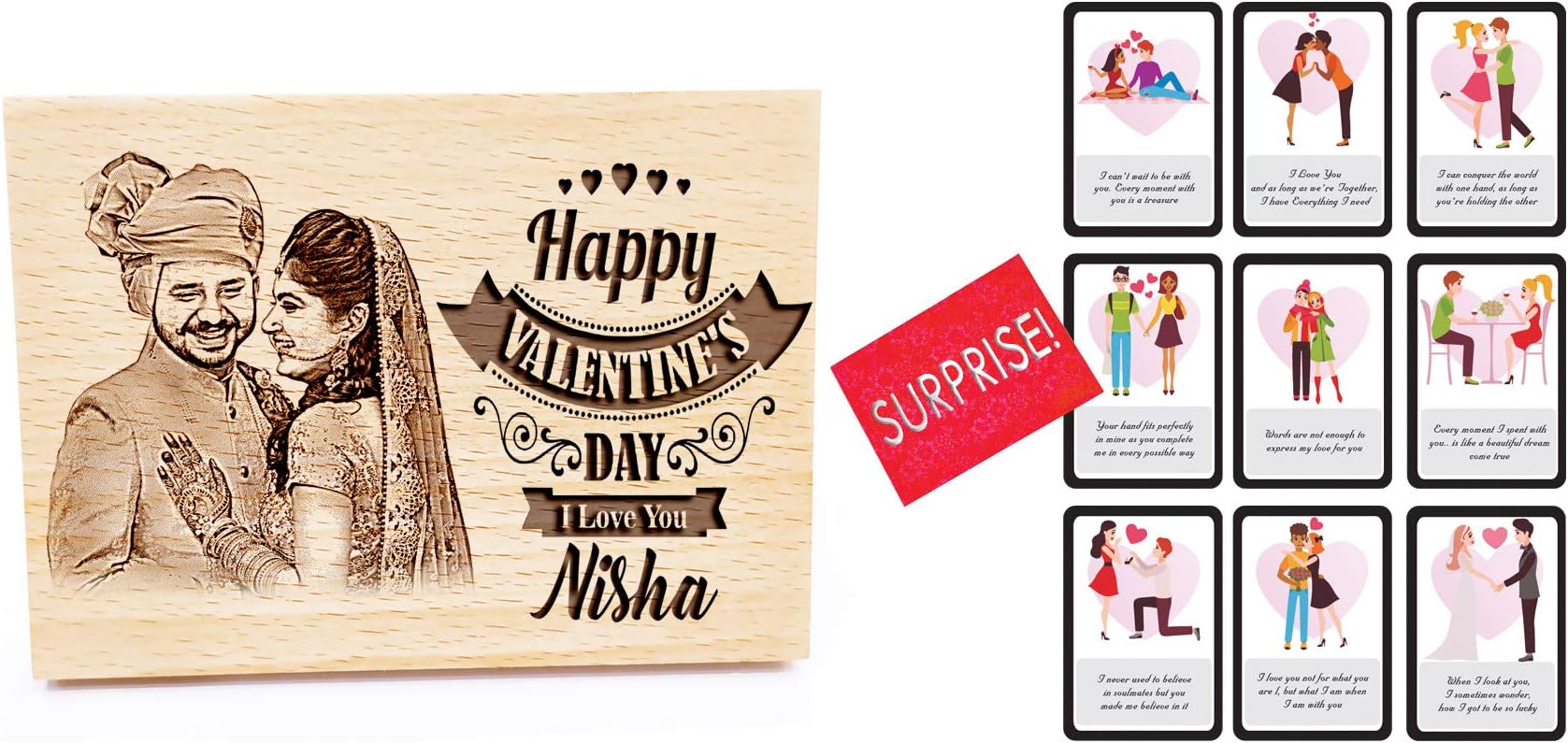 GFTBX Vday Combo Valentine Gift for Him or Her - Personalized Engraved Wood Photo Frame with Printed Set of 9 Love Cards | Valentine Gift for Husband Special or Wife or Couples (Wood-12x10cm)