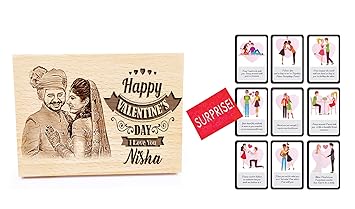 GFTBX Vday Combo Valentine Gift for Him or Her - Personalized Engraved Wood Photo Frame with Printed Set of 9 Love Cards | Valentine Gift for Husband Special or Wife or Couples (Wood-12x10cm)