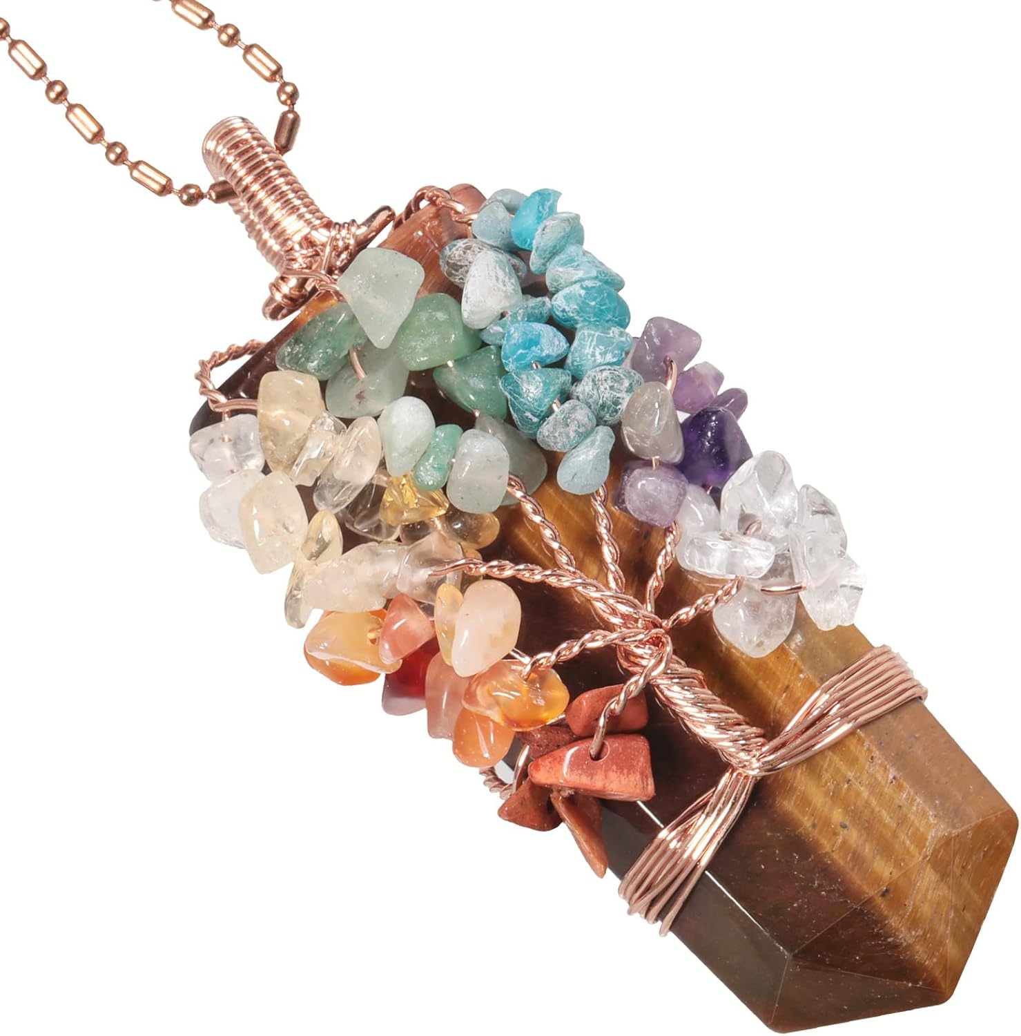 TUMBEELLUWA 7 Chakra Tree Pendant Necklace for Unisex, Copper Wire Wrapped 6-faceted Crystal Stone Point Pendant Amulet for Reiki Healing