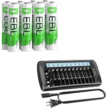 EBL AAA Rechargeable Batteries, 8-Count, Ni-MH 1100mAh 1.2V Triple A Batteries with 12-Bay LCD Battery Charger for AA, AAA and 9V Rechargeable Batteries, Multi-Battery Charging Station