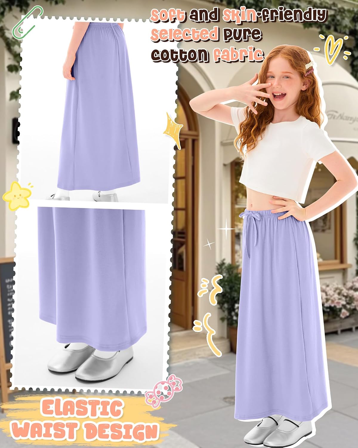4 Pack Girls Long Skirt Midi Knit A-Line Elastic Waist Stretch Drawstring Ankle Length Basic Casual Teen 5-16 Years