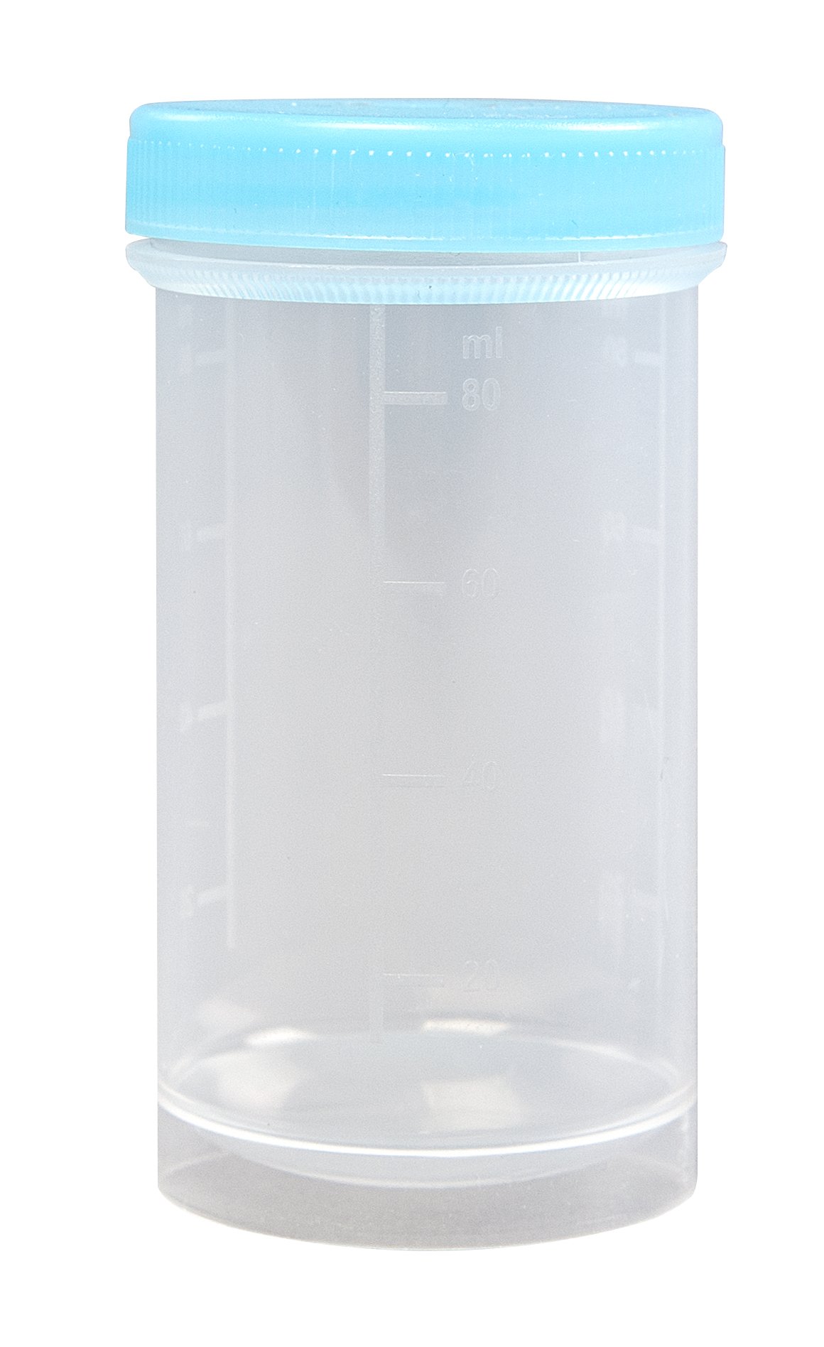 1000 x frasco universal, frasco de plástico aprox. 100 ml transparente con tapa azul, frasco patógeno,