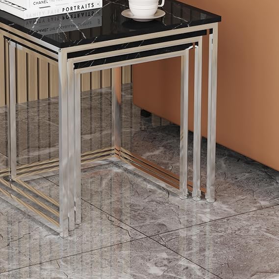 Rainbow Tree Set of 3 Nesting Coffee Tables Black Marble for Living Room, High Gloss Nest of 3 Nested Tables Sofa Side Table Coffee Table End Tables Space Saving