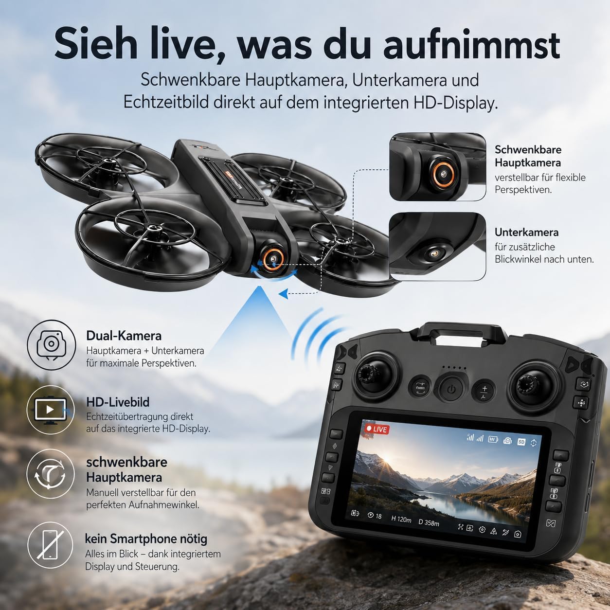 RC Drohne mit HD Dual Kamera, Display Fernbedienung, Brushless Motor, 90° Kamera, FPV Livebild, Optical Flow, 360° Flip, LED, für Anfänger und Kinder (Schwarz, Akkus: 2 St.)