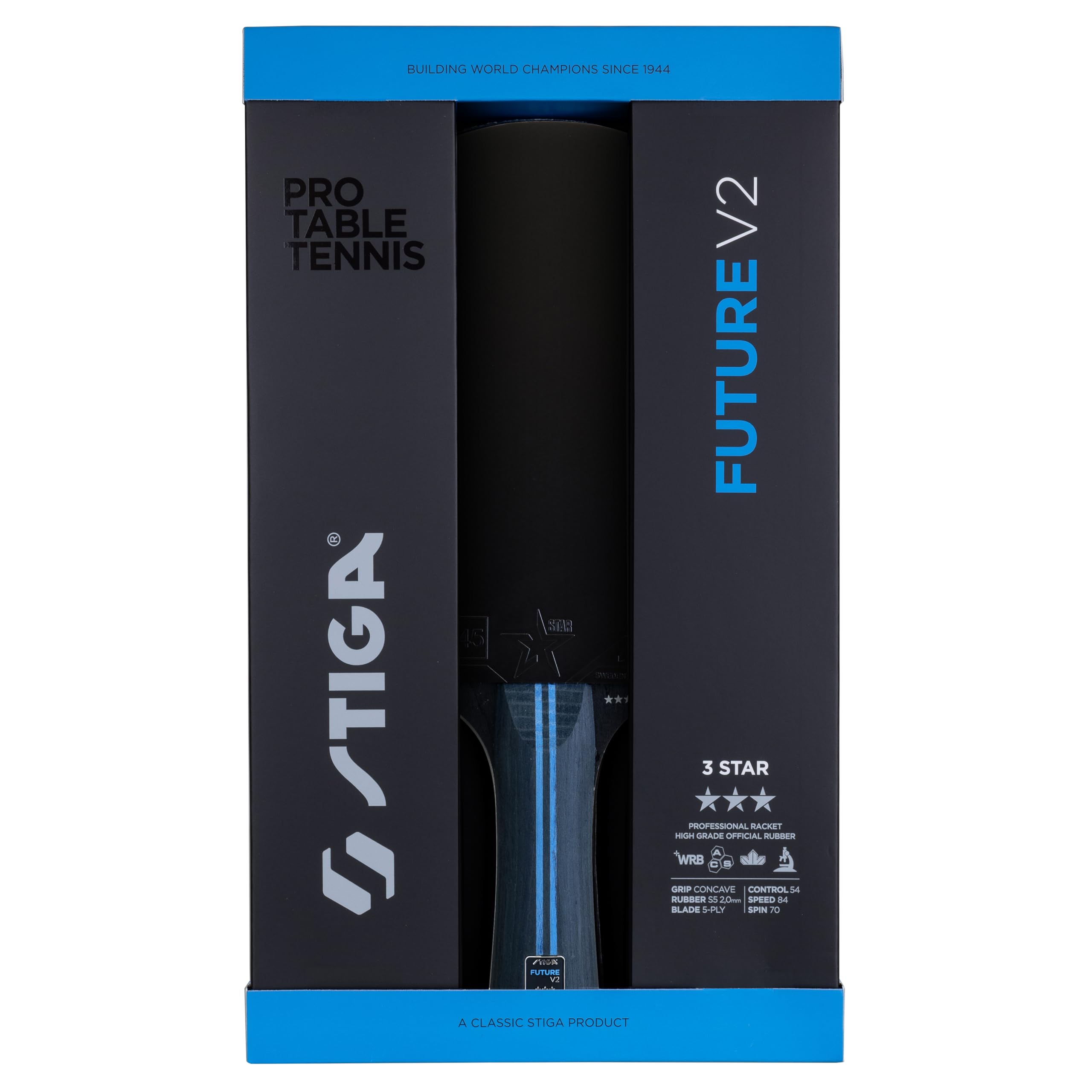 STIGA Raquette de Tennis de Table Future V2 – Raquette 3 Étoiles Offensif, Bois 5 Plis, Manche Concave, WRB Technologie, Revêtement ITTF Star 3, Mousse 2,0 mm