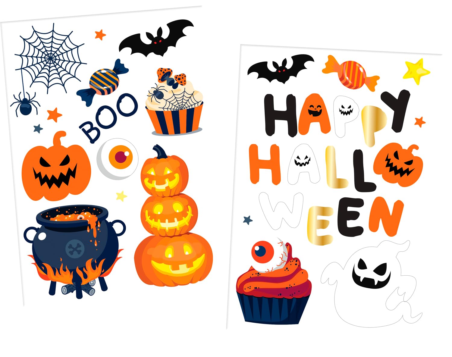 Folat 23867 23867-Happy Booo Window Sticker Decoration Figures Ghost, Pumpkin, Cat, Witch, Bat, Black, Orange, Gold for Halloween Party Decoration, Children, Multicoloured