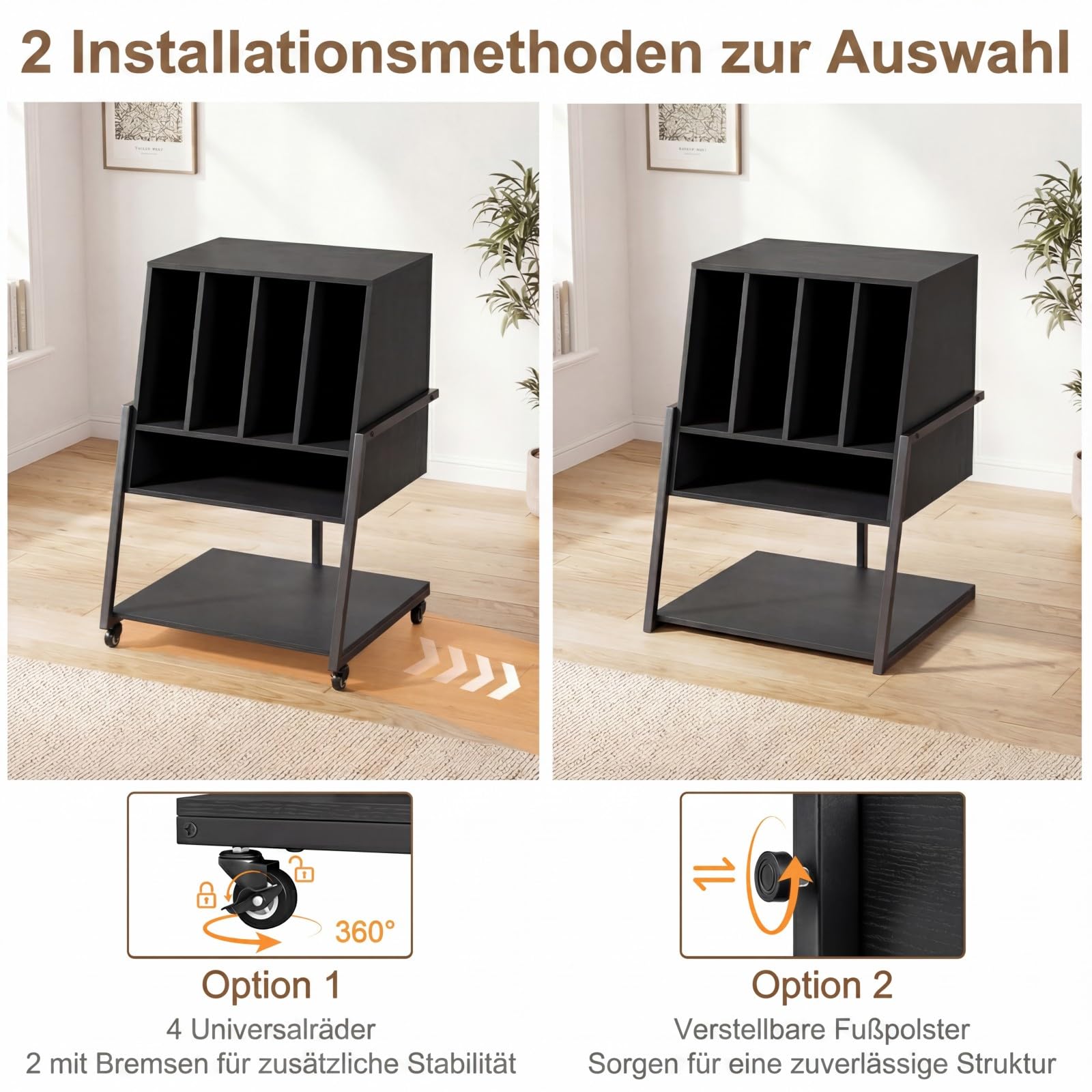 COSTWAY Plattenspielerständer, Vinyl Schallplattentisch mit breite Tischplatte, 4 Trennwänden & unteres Regal, Schallplattenständer Holz für Arbeitszimmer und Musikzimmer, 54 x 57 x 76,5 cm
