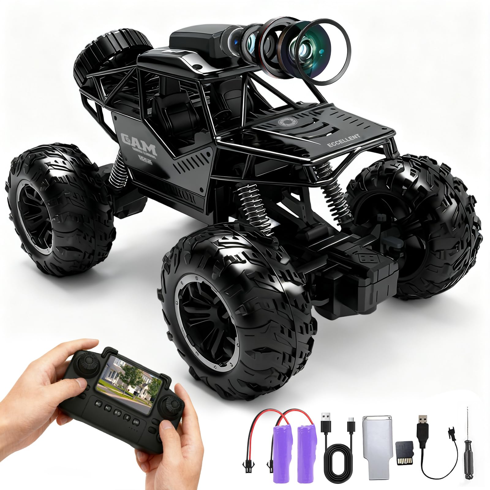Teledirigido HD Cámara Coche, RC Cámara Car con Pantalla LCD y SD Card | 2,4 GHz Control Remoto Vehículo Foto WiFi Transmisión en Tiempo Real, Offroad Truck Regalo para 6+ Años Niños, 2 Baterías