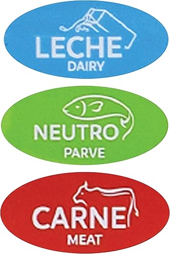 18 etiquetas Kosher españolas surtidas, 6 lácteos azules, 6 carnes rojas, 6 calcomanías verdes para parve, a prueba de horno hasta 500, congelables,