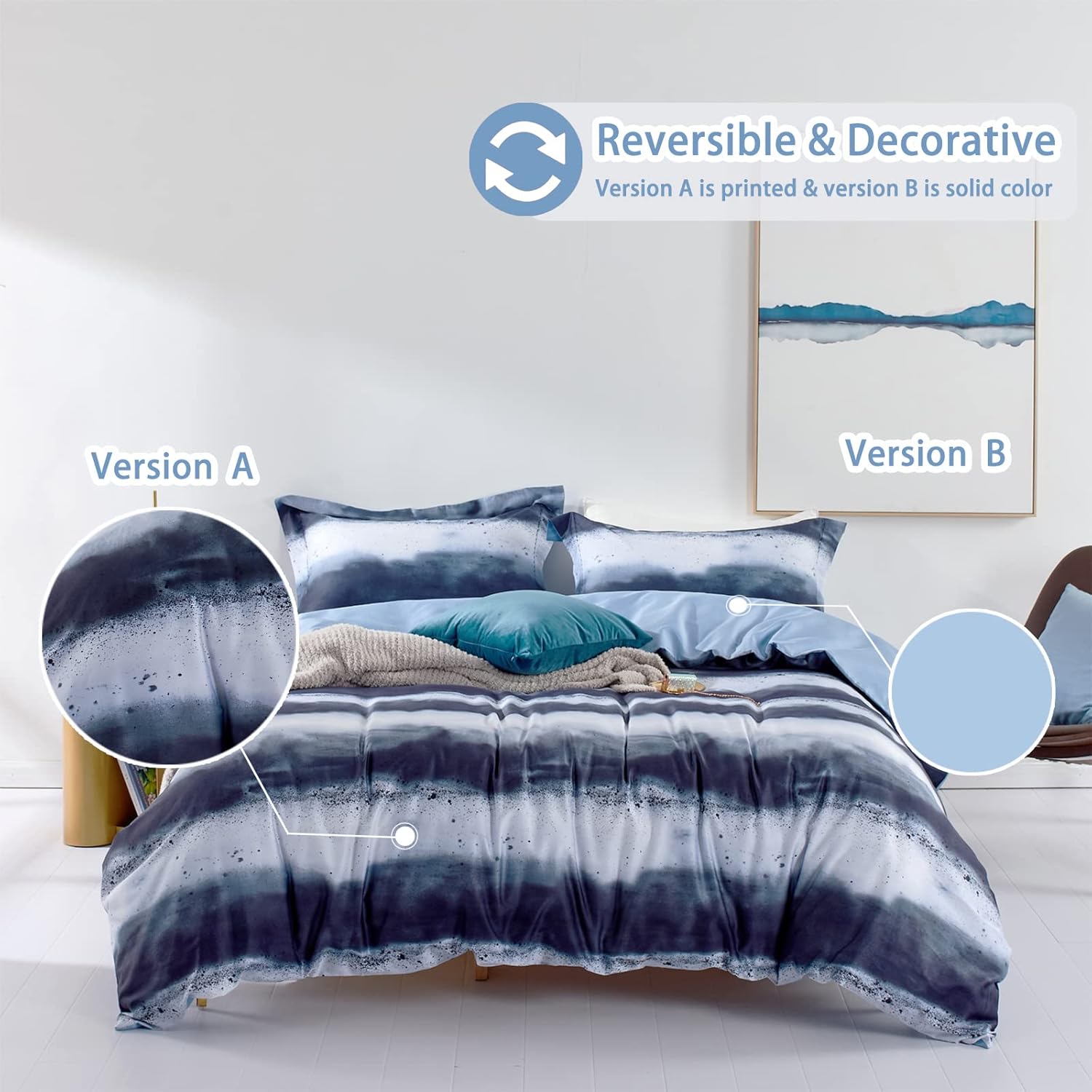 MILDLY 100% Long-Staple Cotton Duvet Cover Set Navy & White Striped Watercolor Pattern Printed Comforter Cover 3pcs, Ultra Soft & Breathable Bedding Set - Image 3