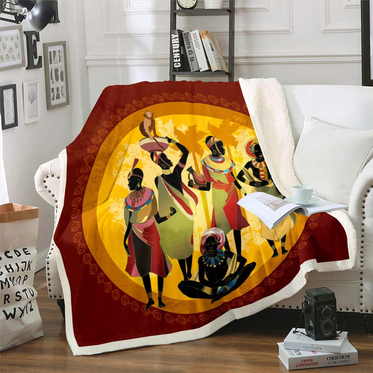 Loussiesd Colour 17 African Woman Sherpa Fleece Throw Blanket - Boho Mandala Pattern, Fuzzy Plush, Double 60"X79", Reversible