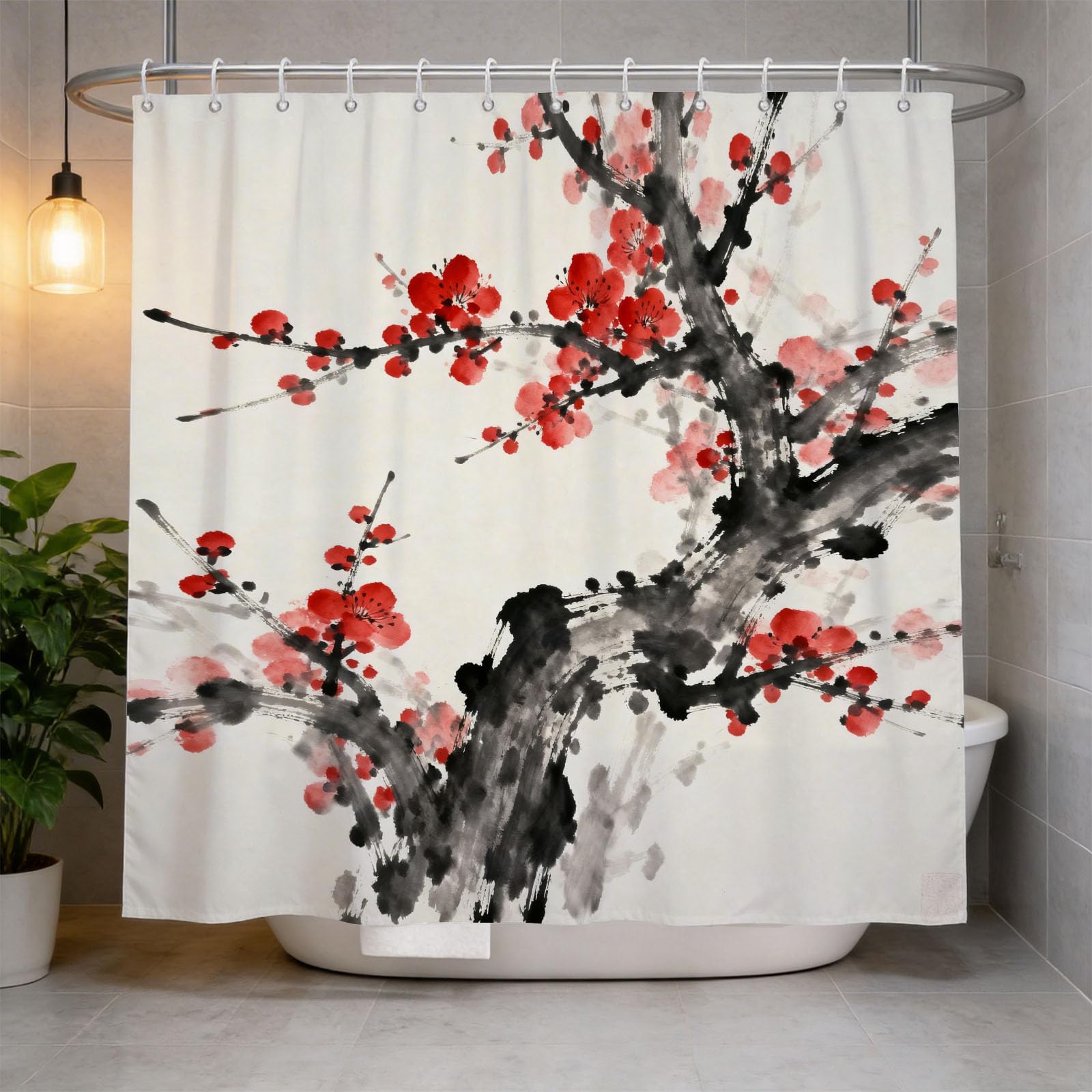 Hongduo 3D Ink Wash Plum Blossom Shower Curtain for Stalls Bathtubs Oriental Aesthetics Bathroom Decor Shower Curtain Set Polyester Fabric Waterproof 120x180cm/48X71 Inch with Hooks