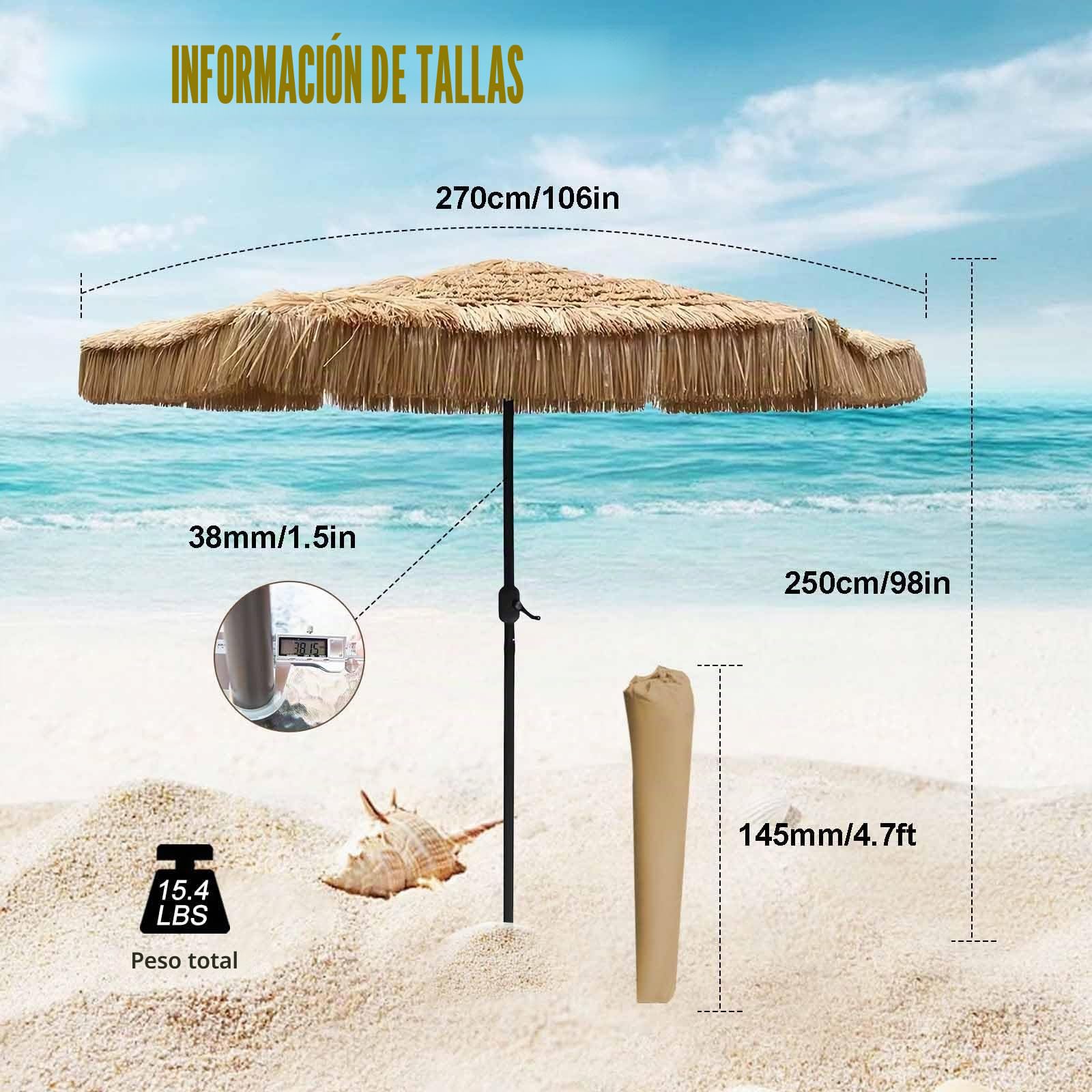 Sombrilla Playa Grande De 270cm Con 8 Varillas, Funcionamiento Con Manivela, Antiviento Sombrillas Terraza Exterior Sombrilla Playa De Paja De Pp Protección UV Para Playa Jardín Patio Exterior