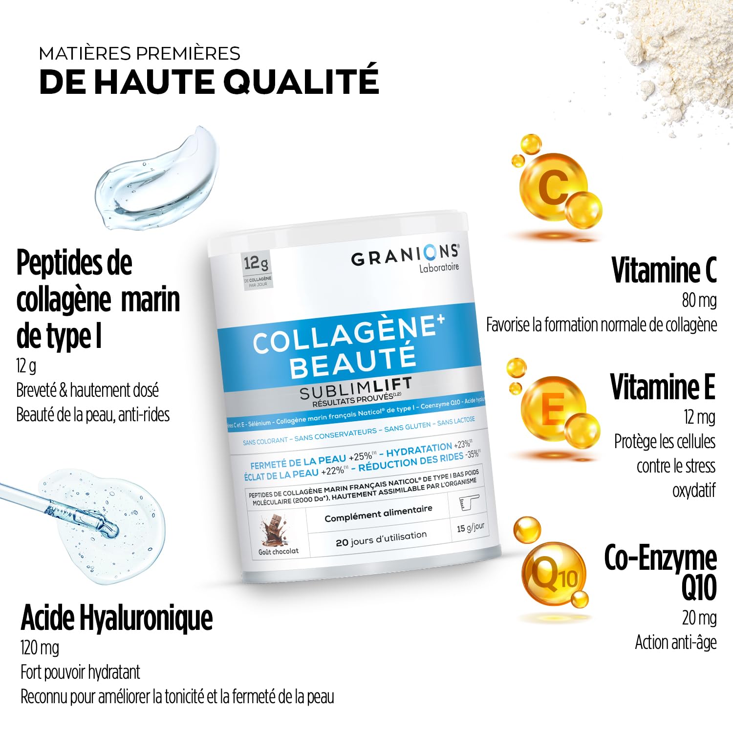 COLLAGENE MARIN BEAUTE SUBLIME LIFT GRANIONS - Collagene Marin - Acide Hyaluronique - Vitamine C - Coenzyme Q10 - Collagène - Peptide de Collagene - Goût Chocolat 300g