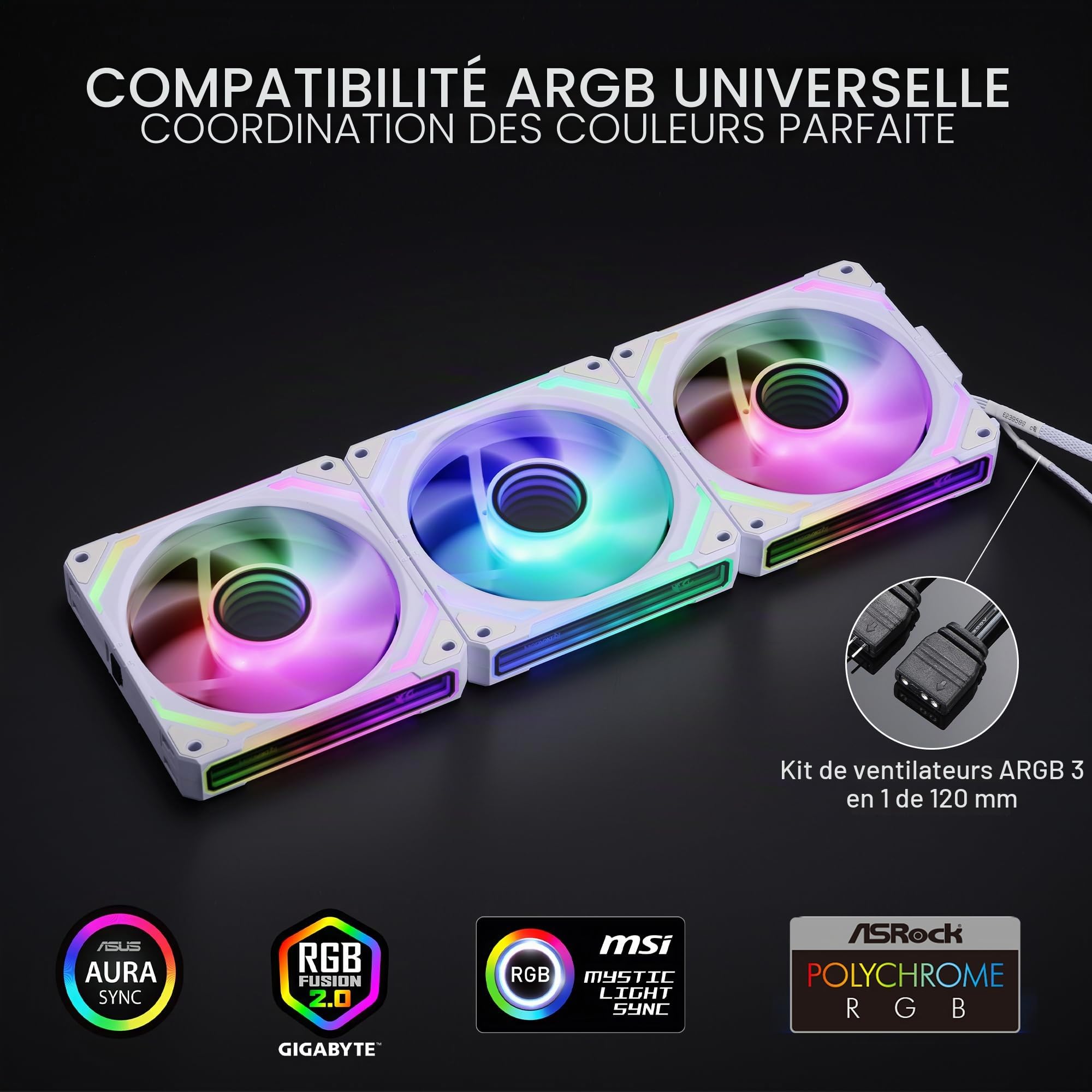 Redragon GCF012 Lot de 3 ventilateurs de boîtier PC standard de 120 mm, connexion en chaîne, éclairage ARGB 5 V 3 broches, ventilateur PWM à 4 broches, pour refroidissement de radiateur/boîtier