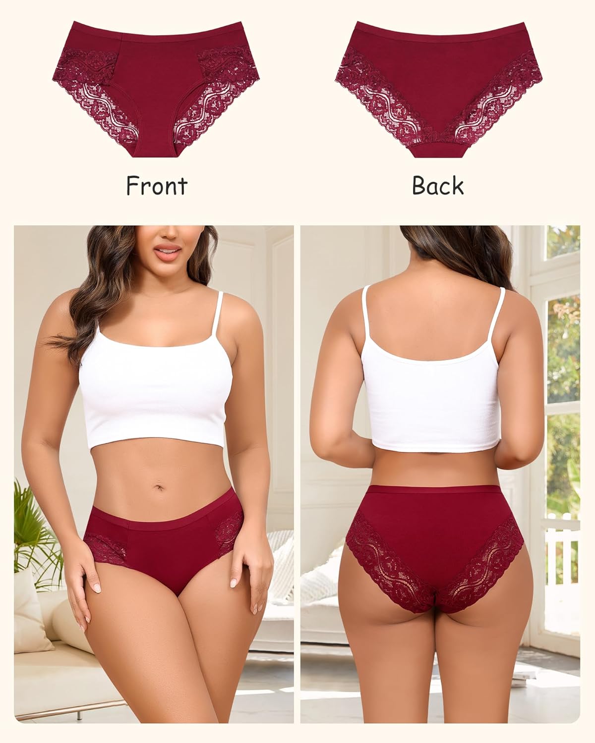LEVAO Cotton Underwear for Women Lace Cheeky Bikini Panties Stretch Ladies Soft Hipster Briefs 6 Pack S-XXL - Image 2