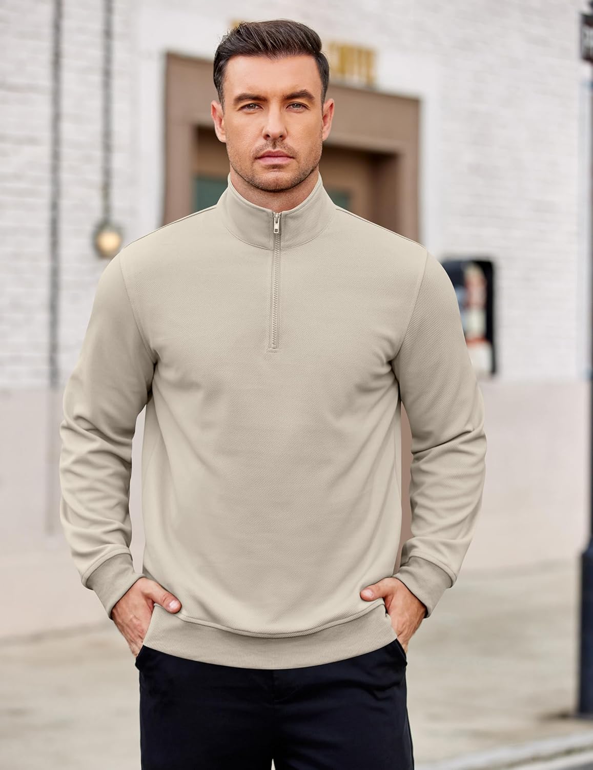 COOFANDY Men's Quarter Zip Pullover Mock Neck Lightweight Sweatshirt Long Sleeve Polo Shirt Business Casual Pullover Top