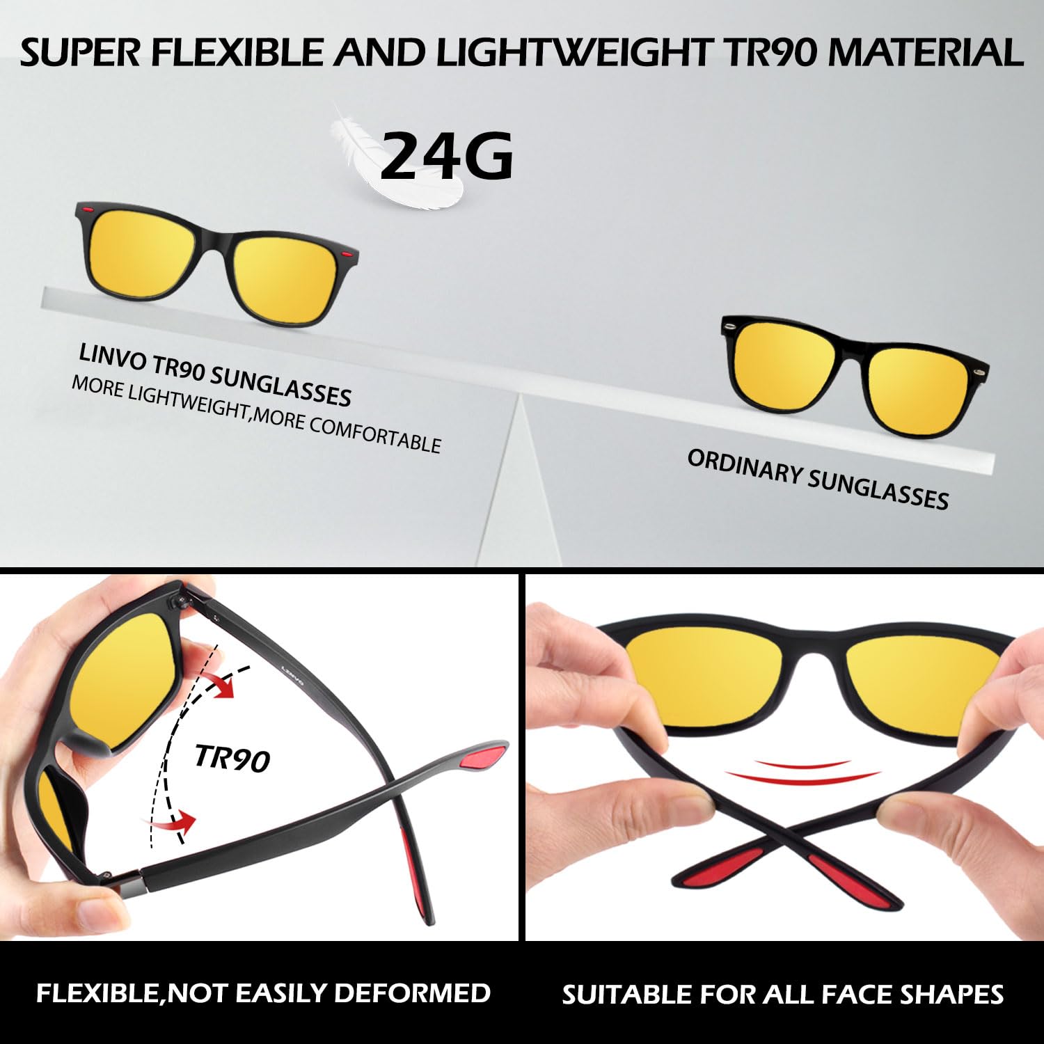 LINVO Night Vision Driving Glasses Polarized Anti-Glare with UV Protection, HD Night Driving Yellow Glasses for Men Women