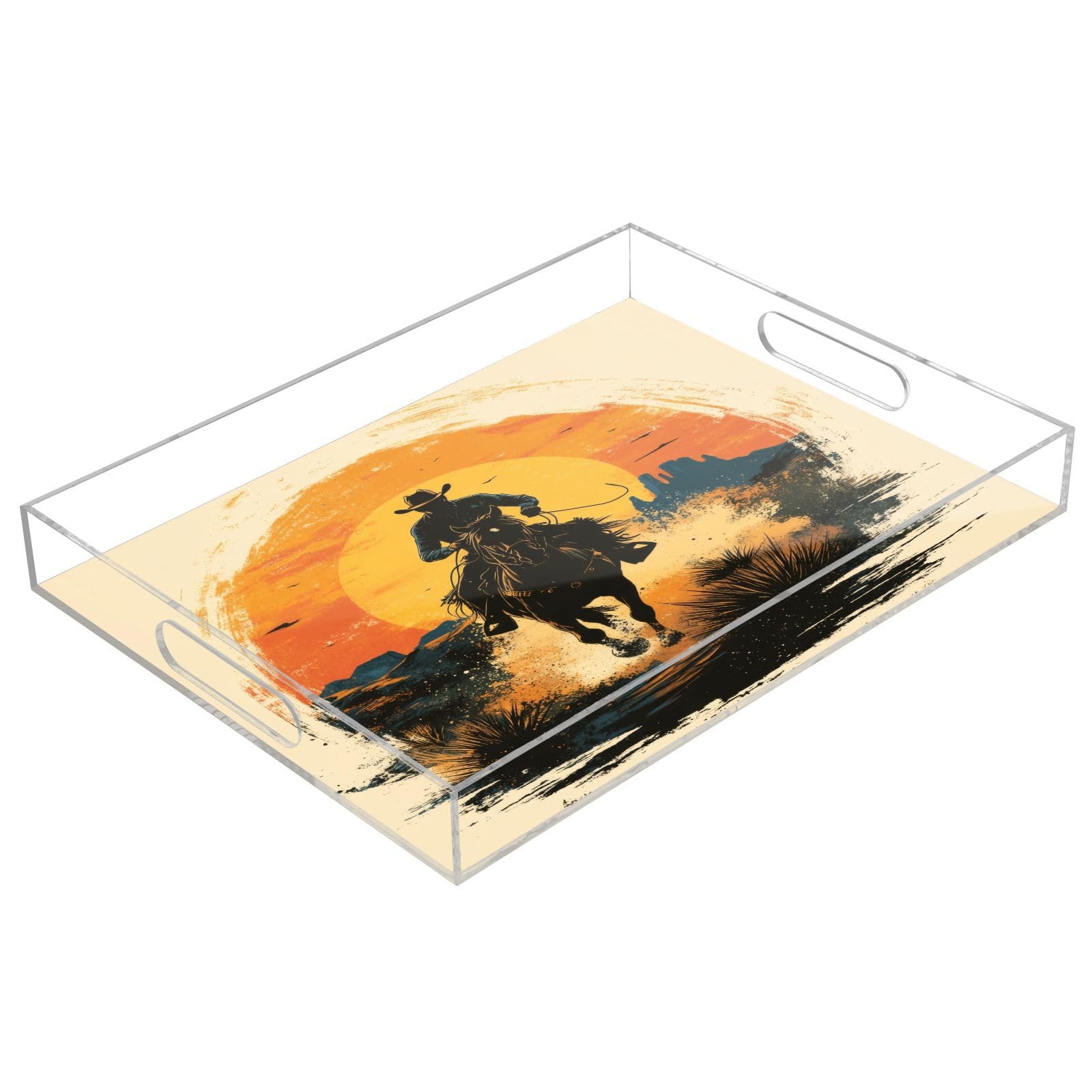 Msyxl Western Cowboy Serving Tray for Coffee Table, Decorative Acrylic Tray Western Cowboy Tray with with Handles for Breakfast, Ottoman, Countertop, 12x16 in