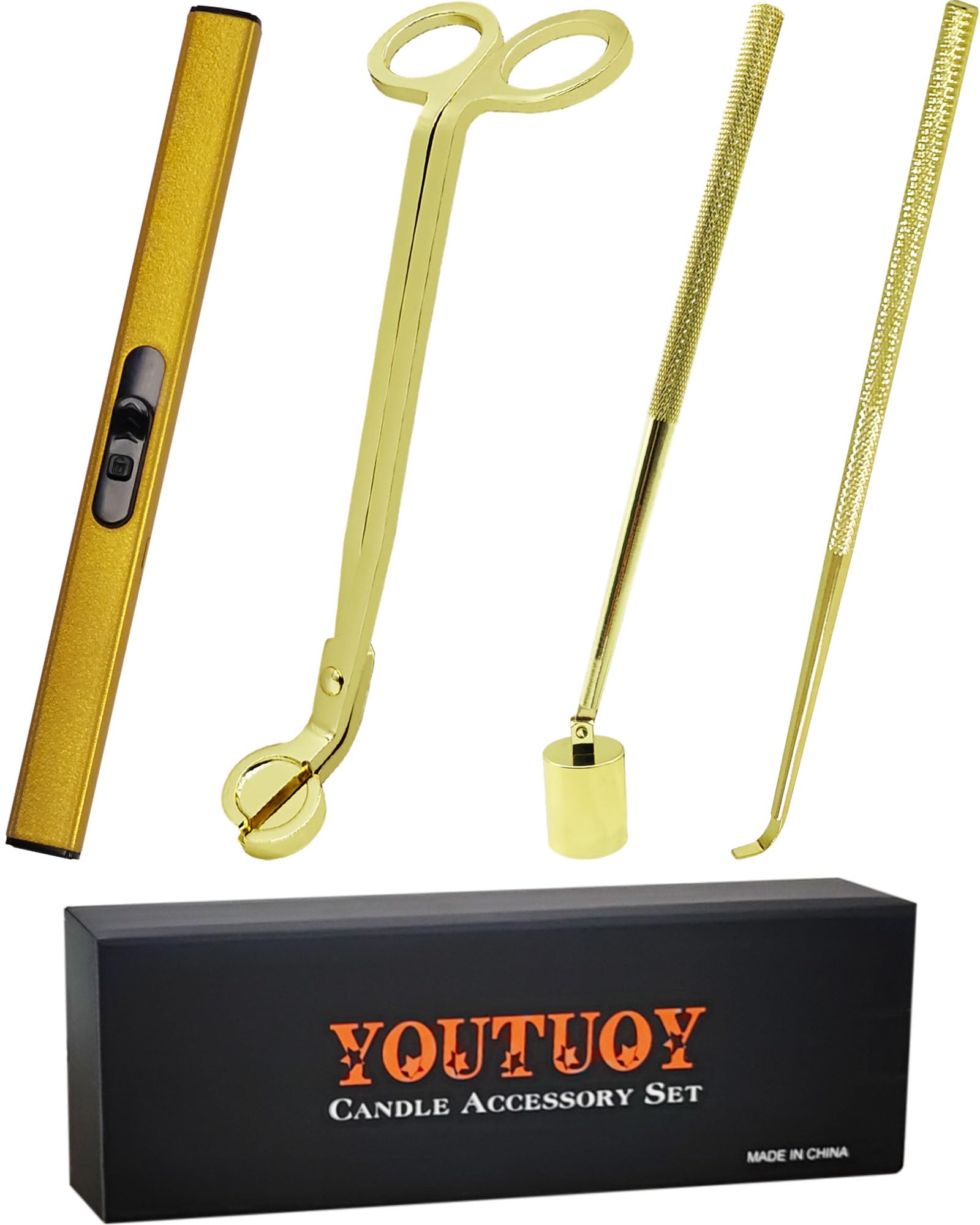 Ensemble d'accessoires de bougie 4 en 1 YOUTUOY doré avec coupe-mèche et briquet