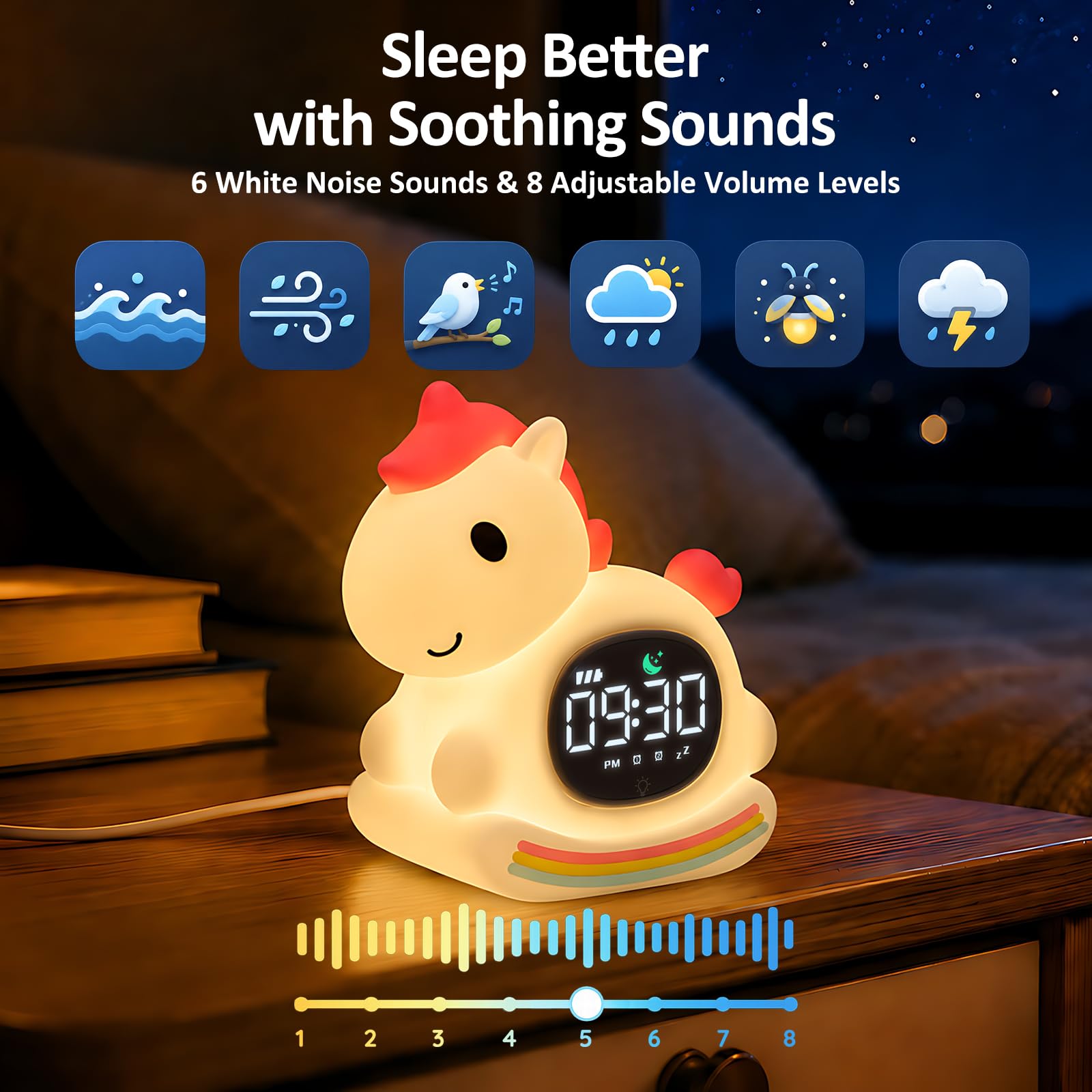 Réveil avec veilleuse pour enfants avec entraînement au sommeil et machine sonore, lampe rechargeable en silicone pour réveiller, lampe de table en forme d'animal mignon, compagnon de sommeil parfait