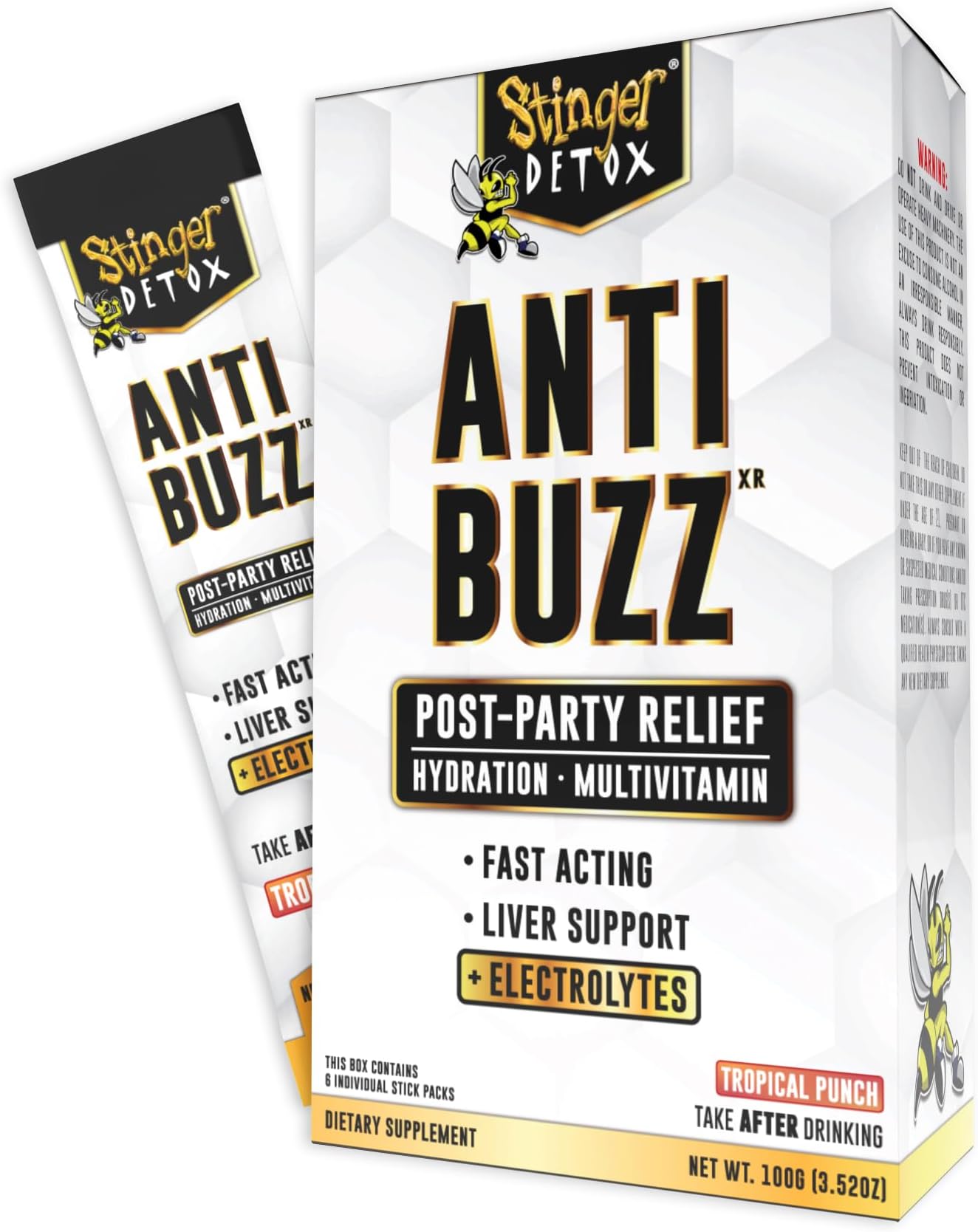 Anti-Buzz Post-Celebration, Hydration & Multivitamin Packet Drink Mix | DHM, VIT. B Complex, Riboflavin, Niacin + Electrolytes | Tropical Punch 1 Pack (6 Servings)