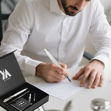 Fancy Fountain Pen Set Fine & Medium Nibs, Includes 18 Ink Cartridges, Ink Converter, Syringe Filler, Luxury Gift for Writing, Journaling & Calligraphy,Silvery