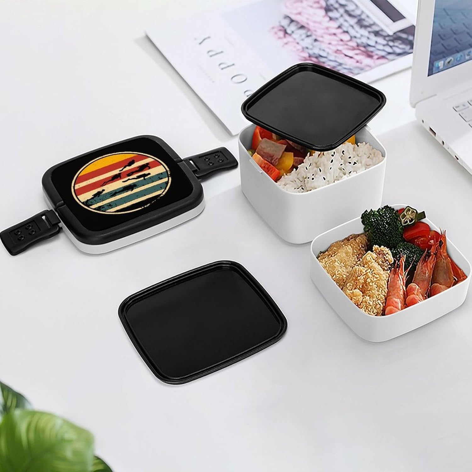 Vintage Scuba Diving Dive Diver Bento Box with Spoon 2 Layer Food Container Cute Lunch Box for Travel Dining Work