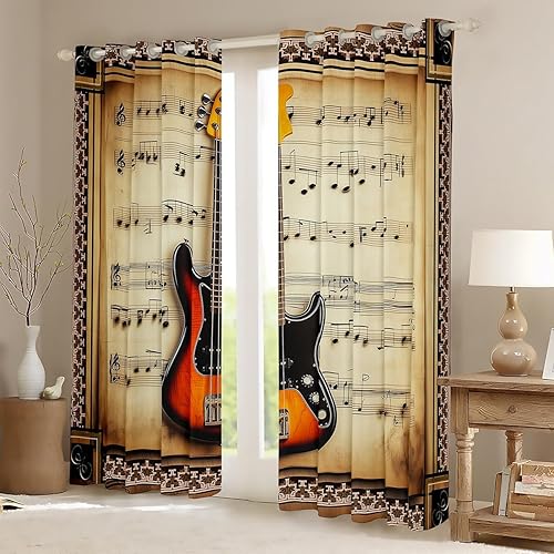 Miniatura 2 de Castle Fairy Cortina musical rústica para ventana, con impresión de instrumentos de bajo y guitarra, para decoración de dormitorio, cortinas de