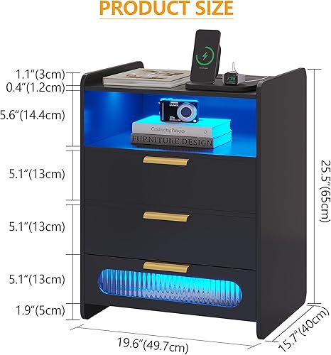 Miniatura 2 de dnbss Mesita de noche con estación de carga, mesita de noche LED con 3 cajones y almacenamiento de 2 niveles, mesa auxiliar de cama para dormitorio,