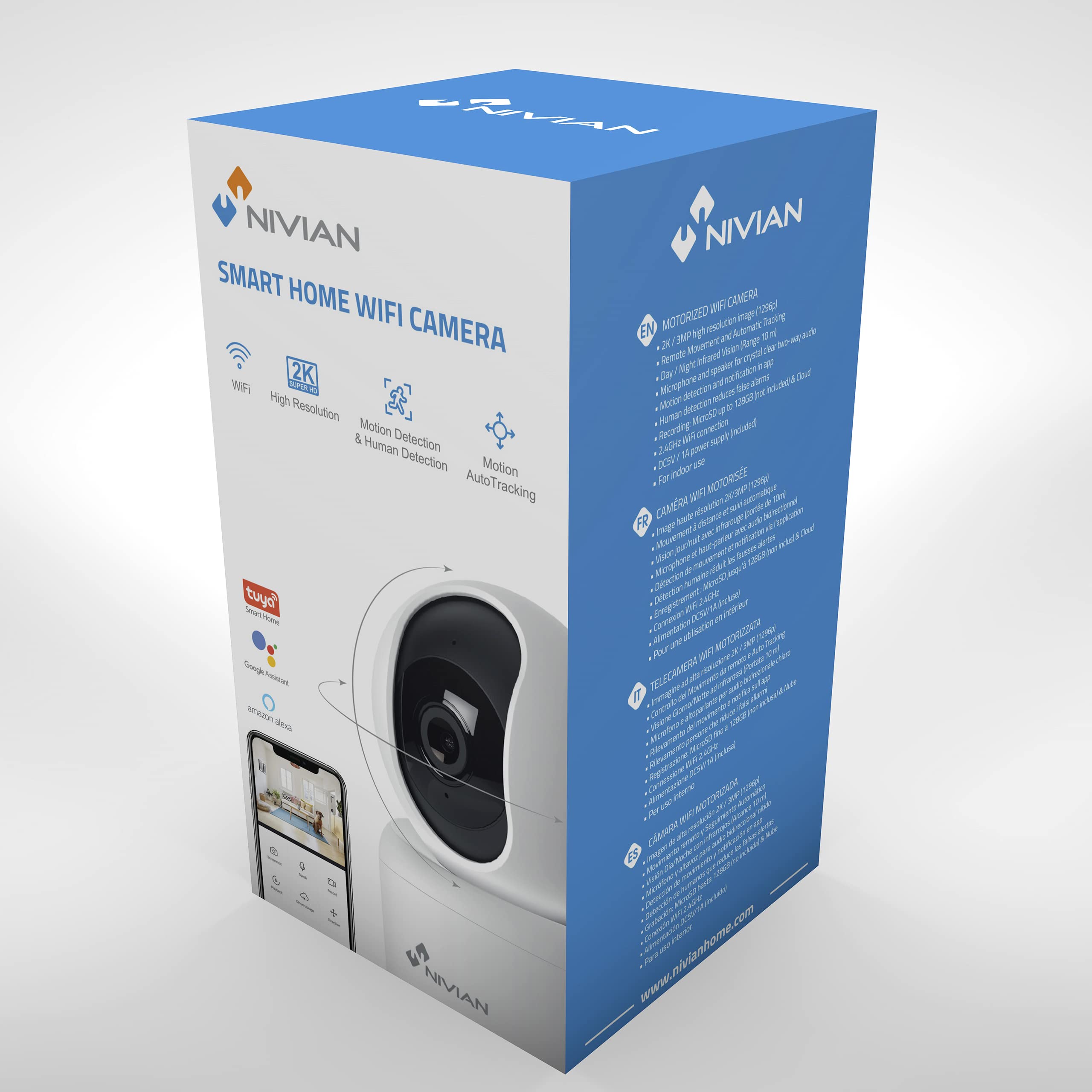 NIVIAN 360° dome bewakingscamera voor binnen, wifi, opname op microSD (niet inbegrepen), 2K-audio, bidirectionele menselijke detectie en automatische tracking, compatibel met Alexa en Google