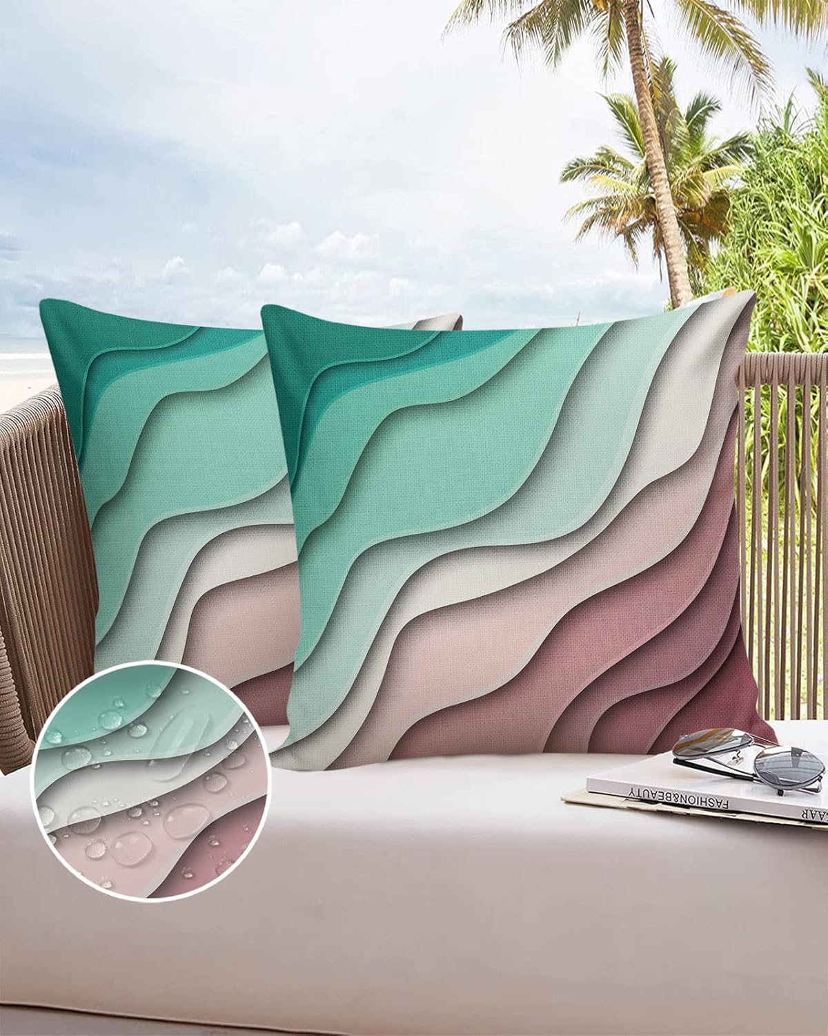 Funy Decor Waterproof Outdoor Throw Pillow Cover Green Modern Geometric Lumbar Pillowcases Set of 2 Abstract Beach Decorative Patio Furniture Pillows for Couch Garden 24 x 24 Inches