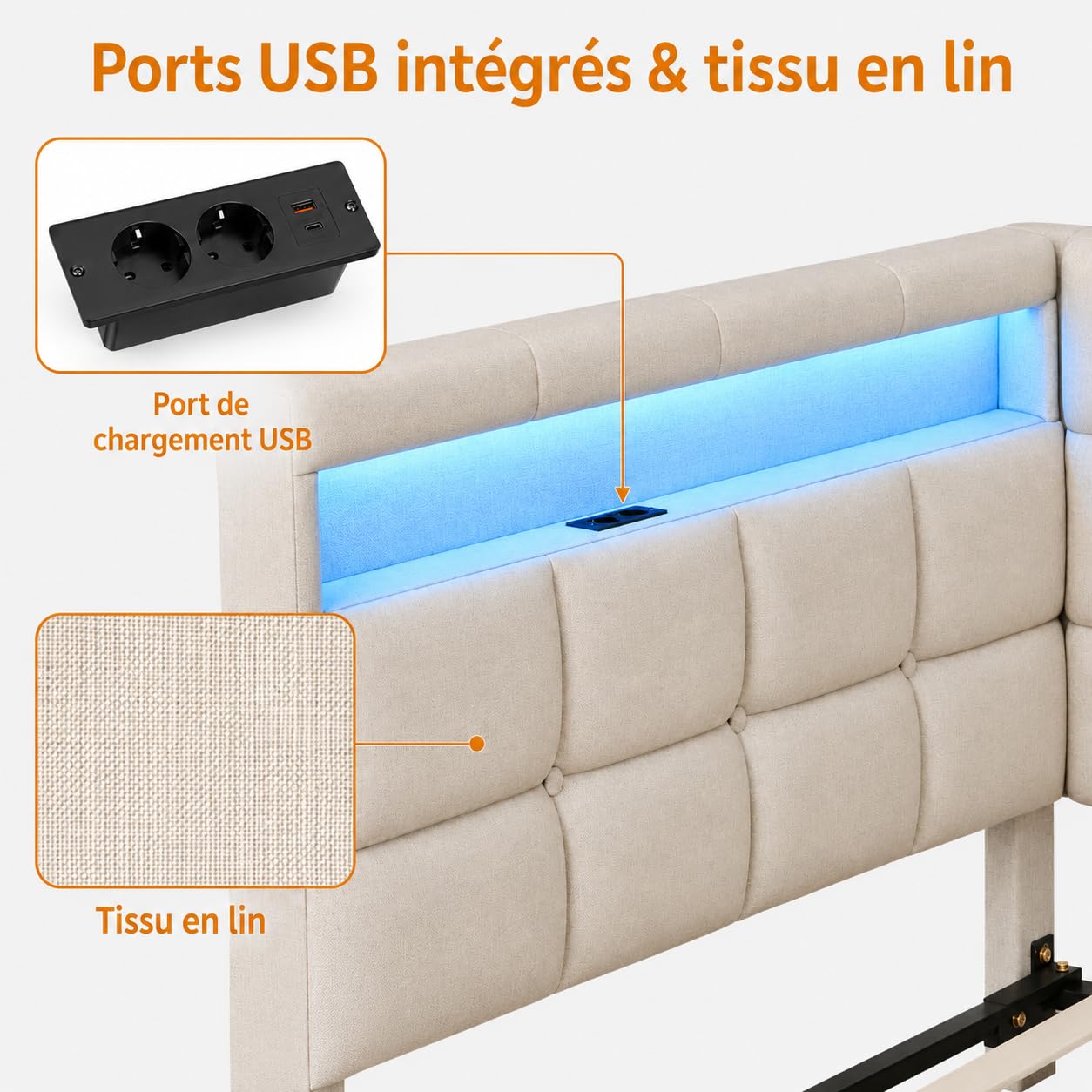 Letto angolare Divano Letto 140 x 200 con 2 cassetti, LED, presa USB, letto panca con testa reversibile e rete a doghe per soggiorno/studio/camera da letto, tessuto lino, senza materasso