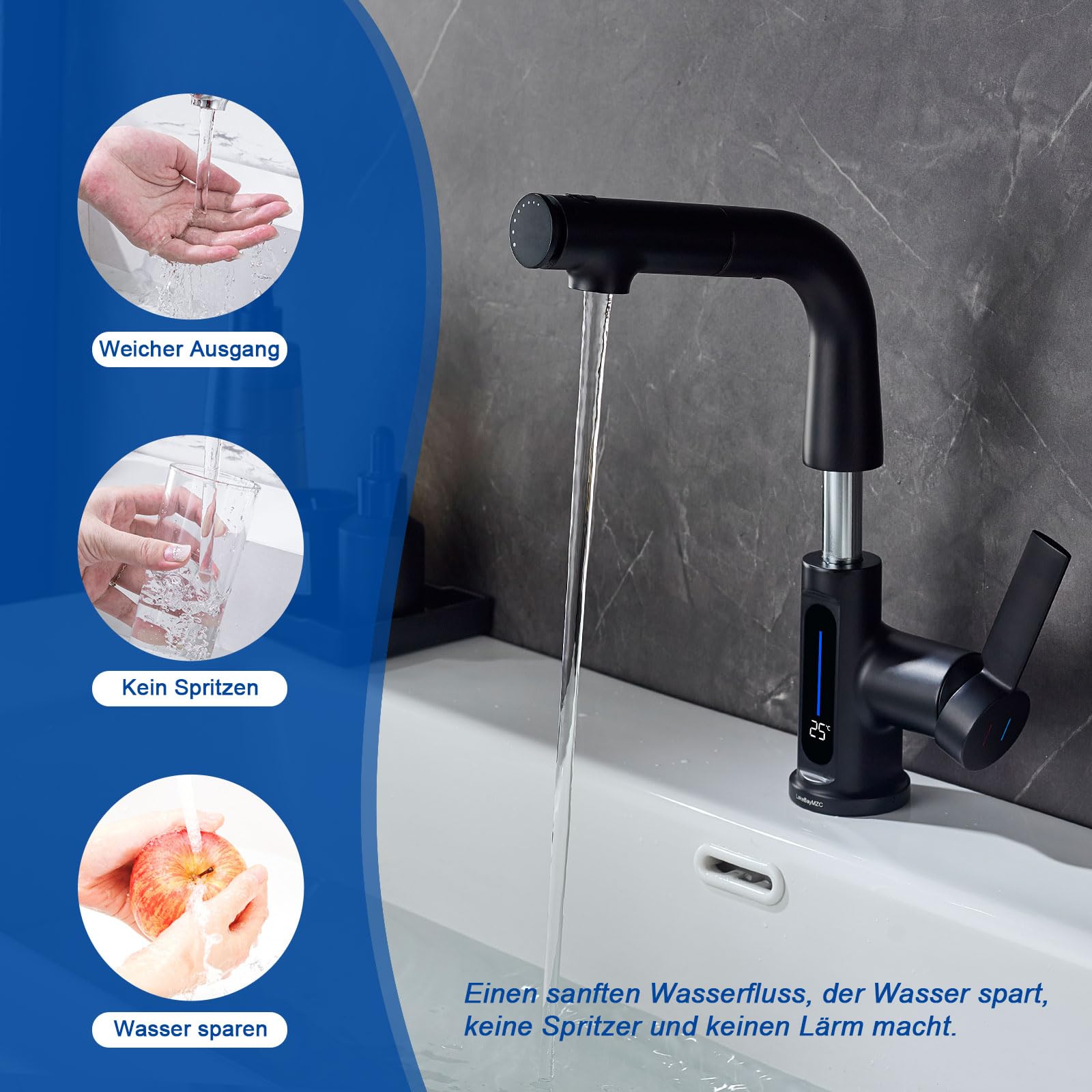 Rubinetto Bagno Lavabo Nero Doccetta Estraibile Con Della LED Temperatura | Miscelatore Lavabo Estraibile LakeBayMZC,Rubinetti Monocomando Bagno con Doccetta,Aeratore Rimovibile,Senza Piombo, Nero