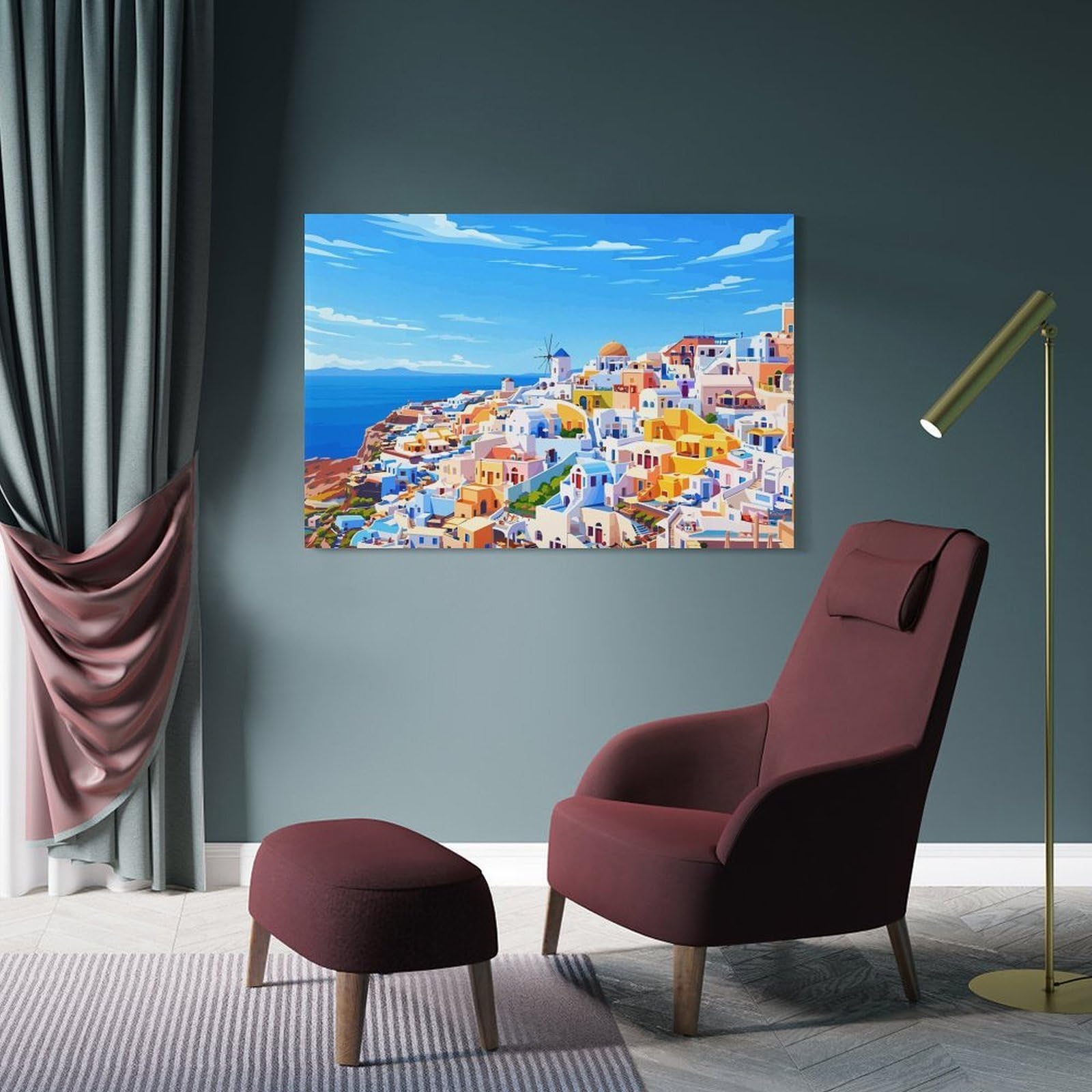 Junmoney Canvas Art Print Santorini, Greece Colorful Coastal Village, 20x30inch(50x75cm), for Home Office, Desk Area Or Studio, Wall Art That Adds Style to Work Areas