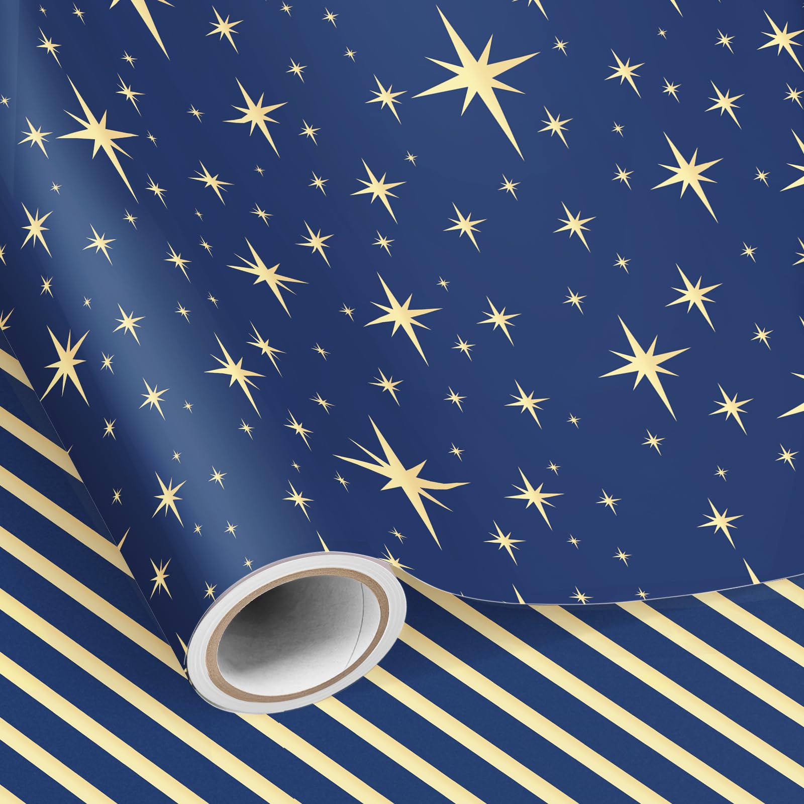 SHUCHING Blue and Yellow Stars Wrapping Paper Roll, Reversible Blue Striped Gift Wrap for Boys Men Birthday, Father's Day, Wedding, Graduation, Party- 43cm X 10m
