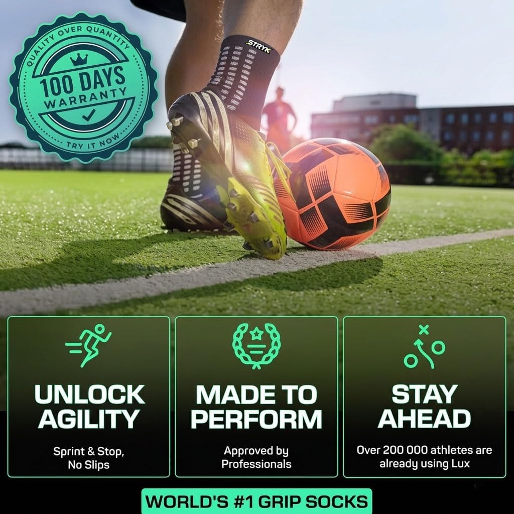 STRYK Grip Socks Soccer, Non Slip Cushioned Athletic Crew Socks for Men & Women, Anti Slip Football Sports Socks