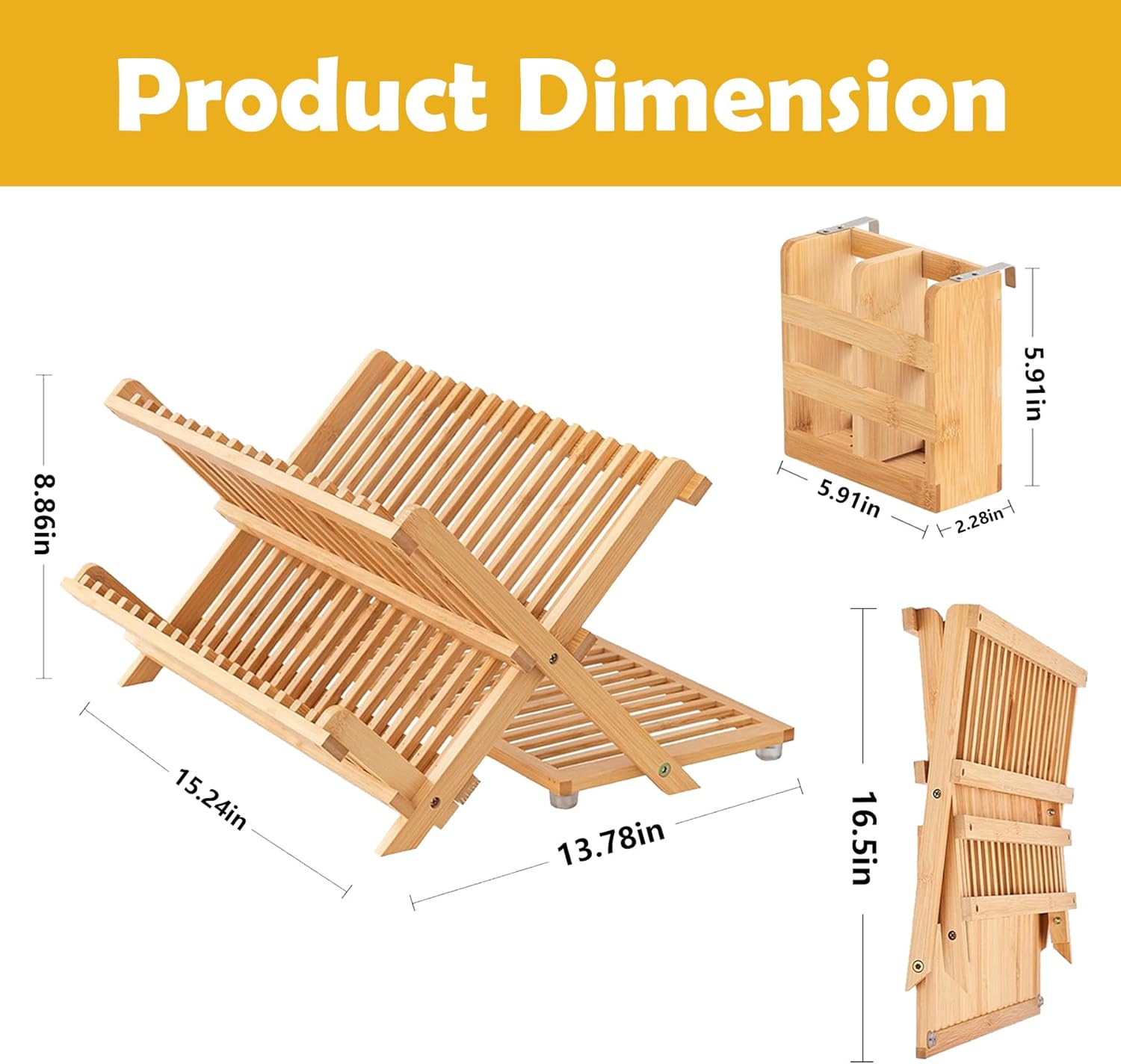 Foldable Bamboo Dish Rack, 3-Tier Wooden Dish Drainer & Utensil Holder for Kitchen - Large Countertop Drying Rack for Dishes and Plates, Natural Compact Storage